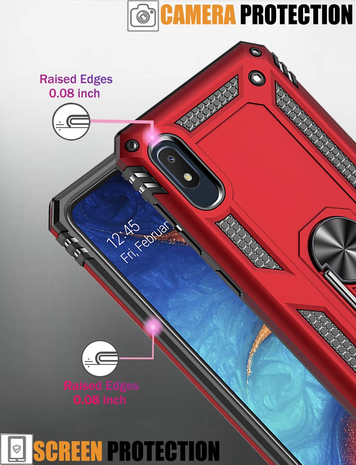 Military Grade Protective Phone Case for Samsung Galaxy A10E with Magnetic Car Mount & Kickstand - Shockproof Defender Cover for Everyday Use, Commuting and Travel (Red)