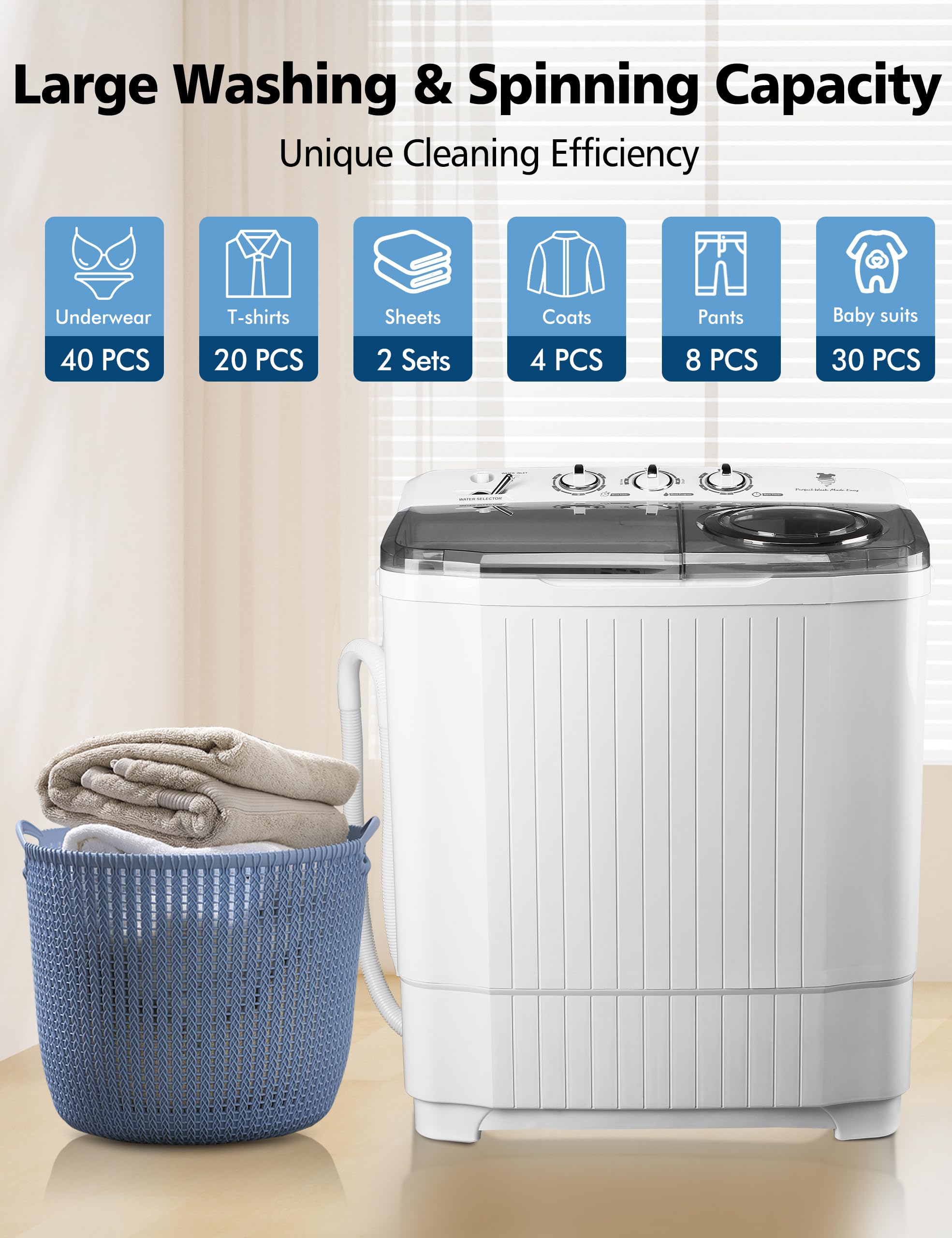 28Lbs Twin Tub Semi-Automatic Washing Machine with Drain Pump - Portable Laundry Washer & Spin Dryer for Home, Apartment, Dorm & RV Use - Perfect for Small Spaces, Camping & Off-Grid Living