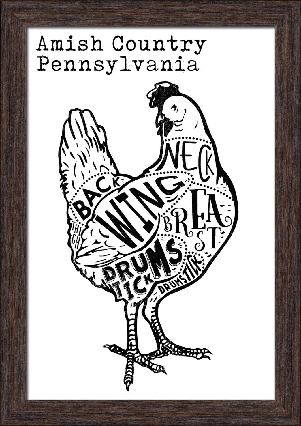 Amish Country Pennsylvania Butcher Block Meat Cuts Black Chicken Art Print - 12x18 Giclee Fine Art with Recycled Wood Frame in Espresso Brown - Perfect for Farmhouse Kitchen Decor & Country Style Dining Room Wall Art