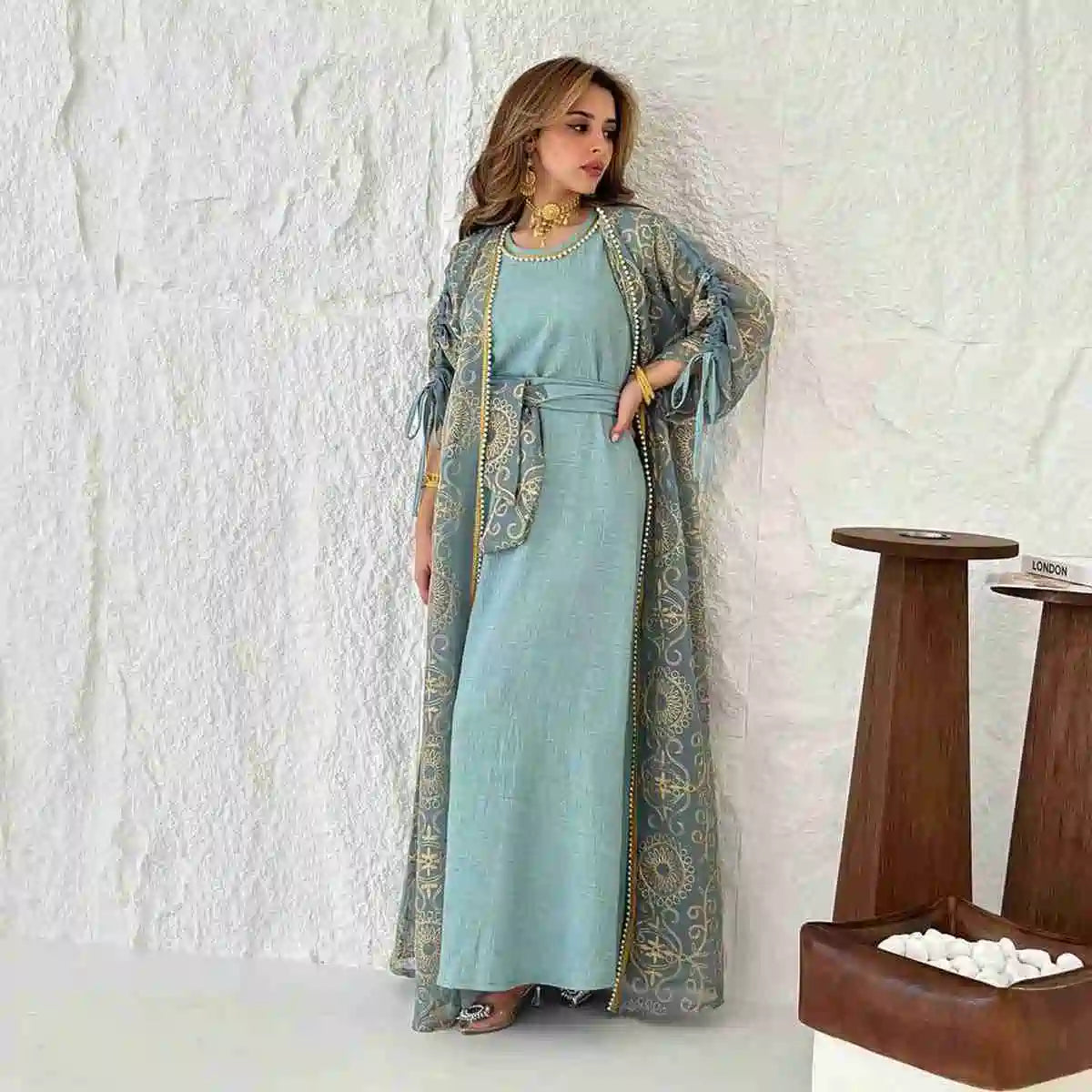 Elegant 2-Piece Eid Caftan Set with Embroidery & Sleeveless Inner Dress - Perfect for Eid Celebrations, Weddings & Special Occasions #24432