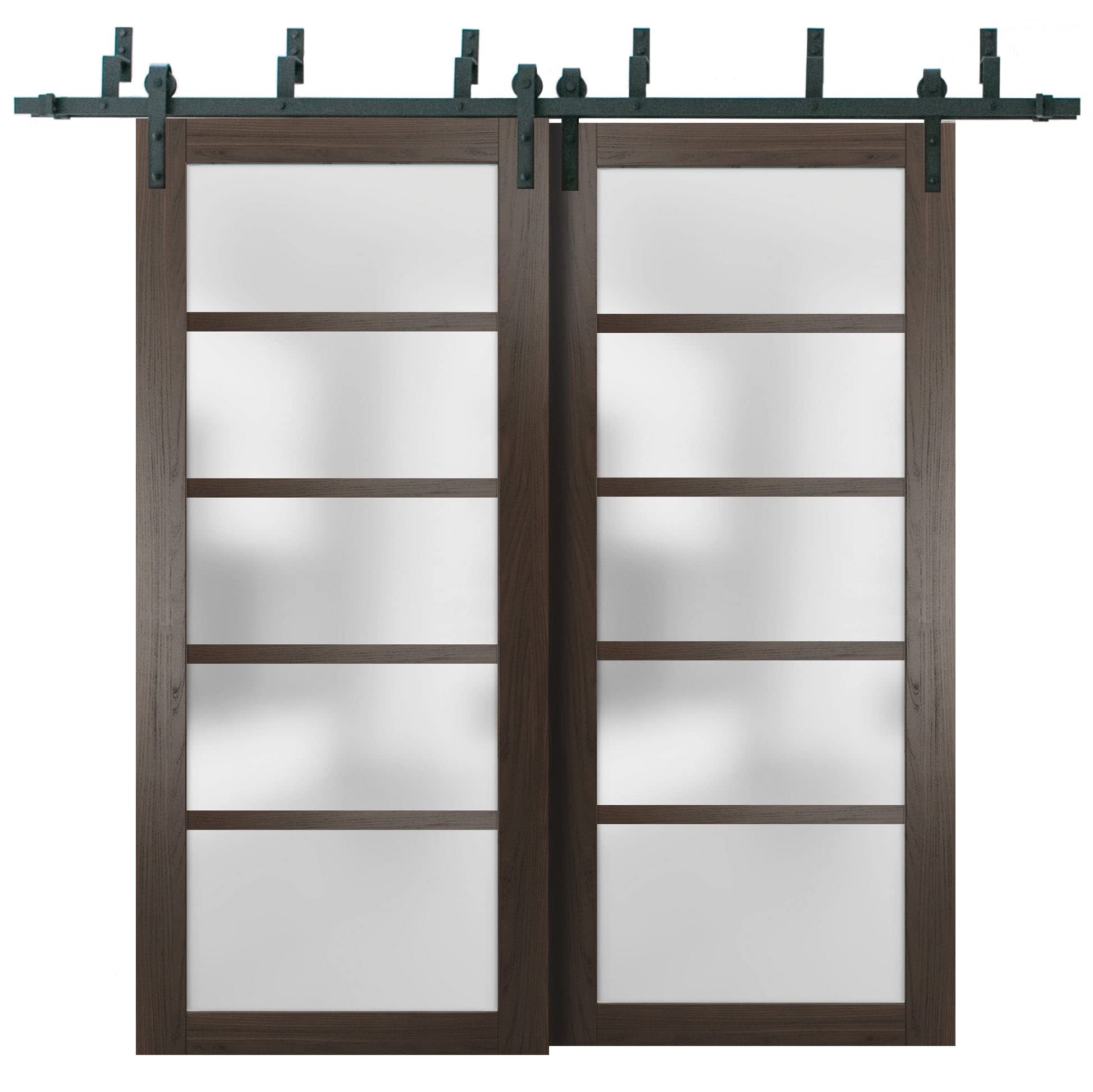 SARTODOORS 48x80 Inch Frosted Glass Sliding Barn Closet Doors - Quadro 4002 Chocolate Ash Finish | Heavy Duty Top Mount 6.6ft Rail Hardware Set | Solid Wood Wardrobe Doors for Bedroom & Walk-in Closet Organization | Modern Space-Saving Solution for Home & Office Storage