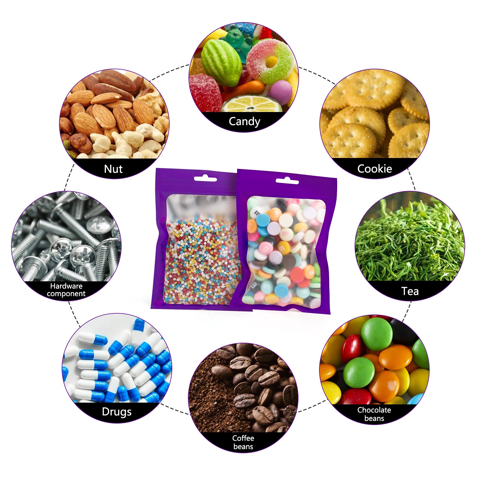 100 Pack Smell Proof Mylar Bags with Resealable Zipper & Clear Window - Airtight Heat Sealable Food Storage Bags for Dry Goods, Coffee, Tea, Herbs (Purple, 4.13 x 5.91 Inches) - Perfect for Kitchen Pantry Organization & Travel Snack Storage