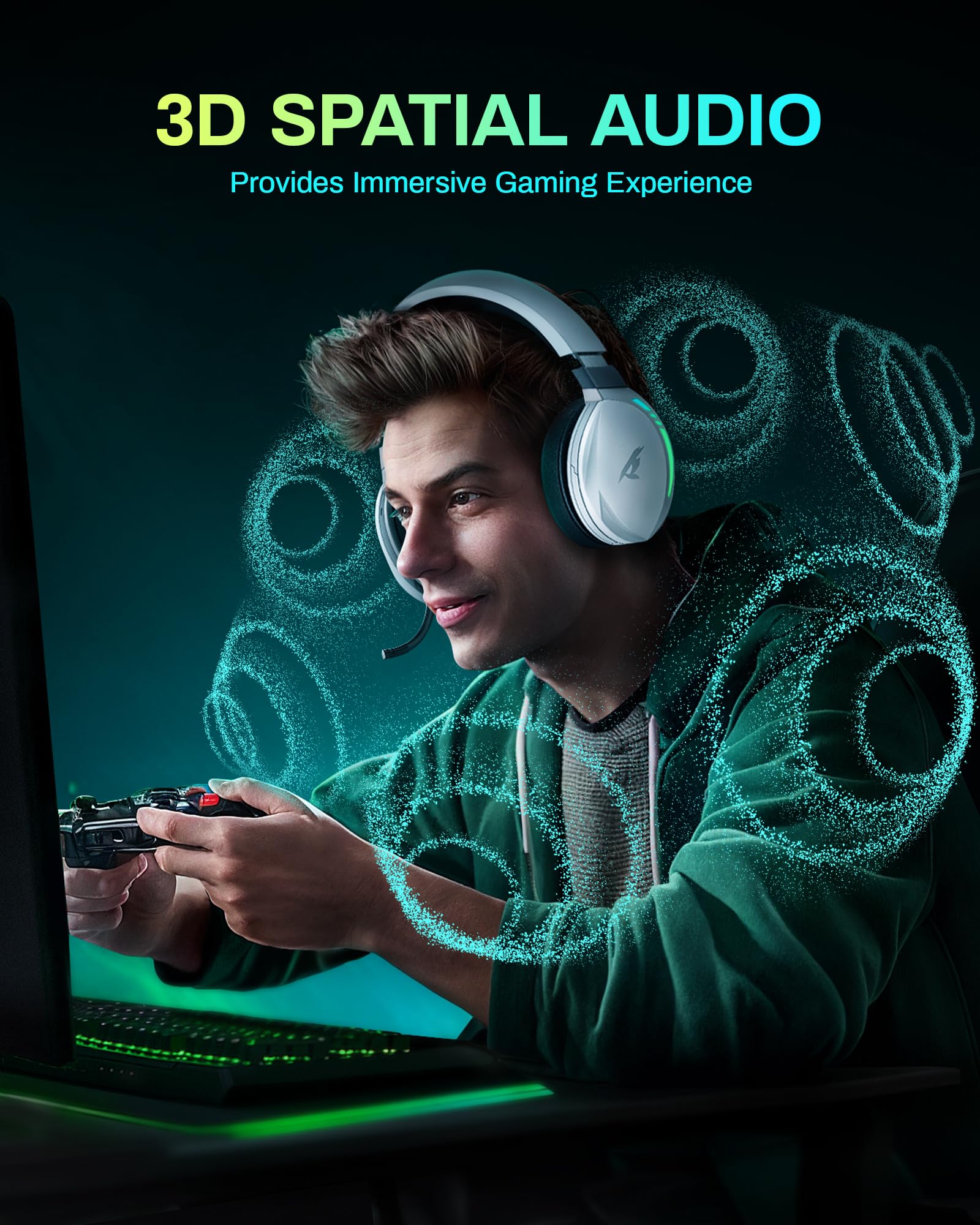 UG-06 Wireless Gaming Headset with 3D Surround Sound & Bluetooth 5.4 | ENC Noise Canceling Mic | 50MM Drivers | 65H Battery | Compatible with PS5, PS4, PC, Mac | White | Perfect for Competitive Gaming & Immersive Entertainment