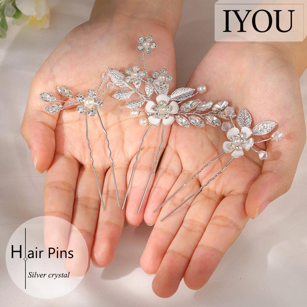 **IYOU Silver Flower Bridal Hair Pins – Crystal Wedding Hair Accessories for Women (Pack of 3) – Perfect for Weddings, Prom, Communion & Special Occasions**