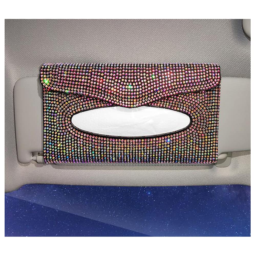 Sparkling Crystal Rhinestone Leather Car Sun Visor Tissue Box Holder - Auto Visor Napkin Holder for Paper Towels & Tissues - Stylish Car Accessory for Road Trips & Daily Commute