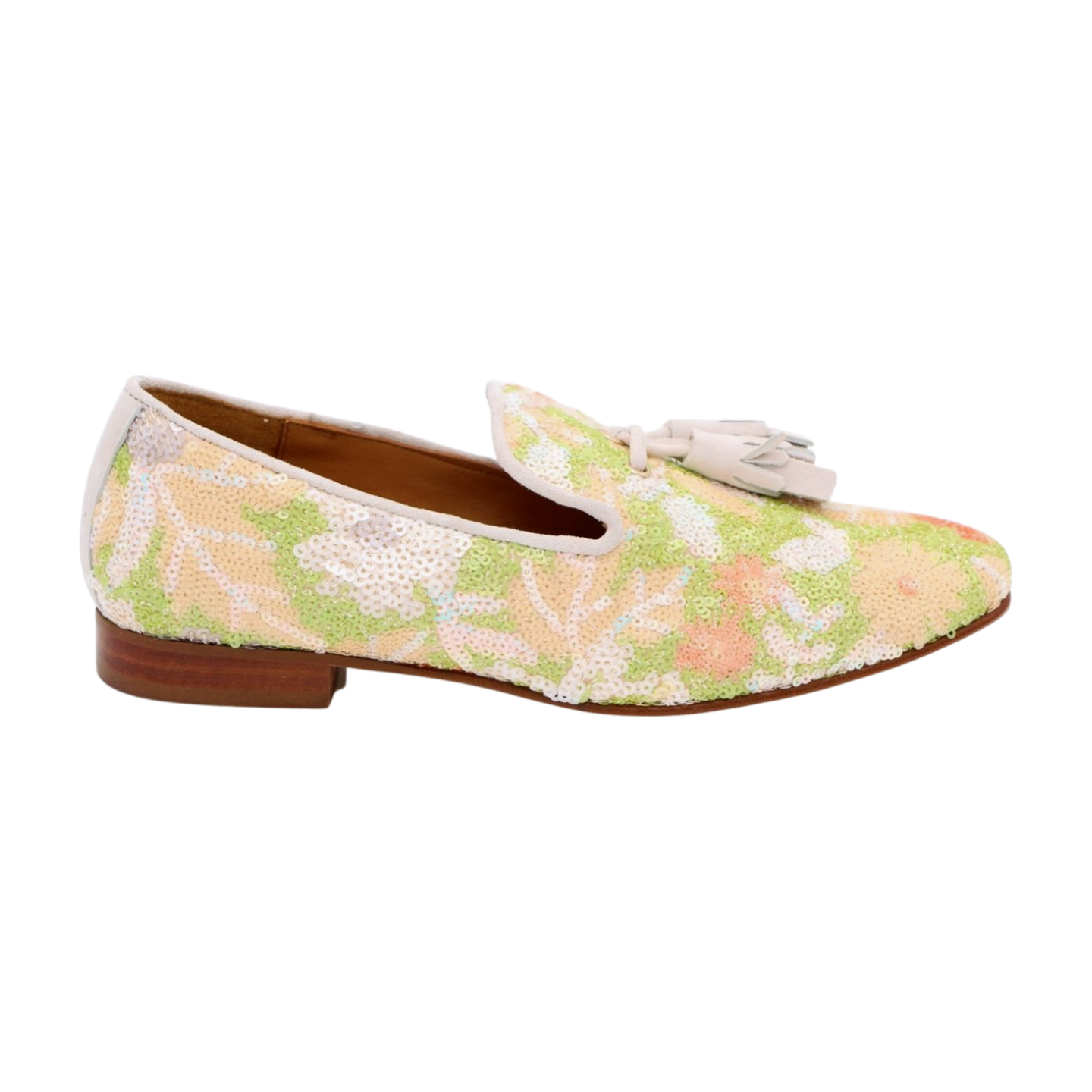PEDRO MIRALLES Women's Green & Peach Sequins Loafers with Tassels - Stylish Slip-On Shoes for Women | Perfect for Office, Parties & Casual Outings