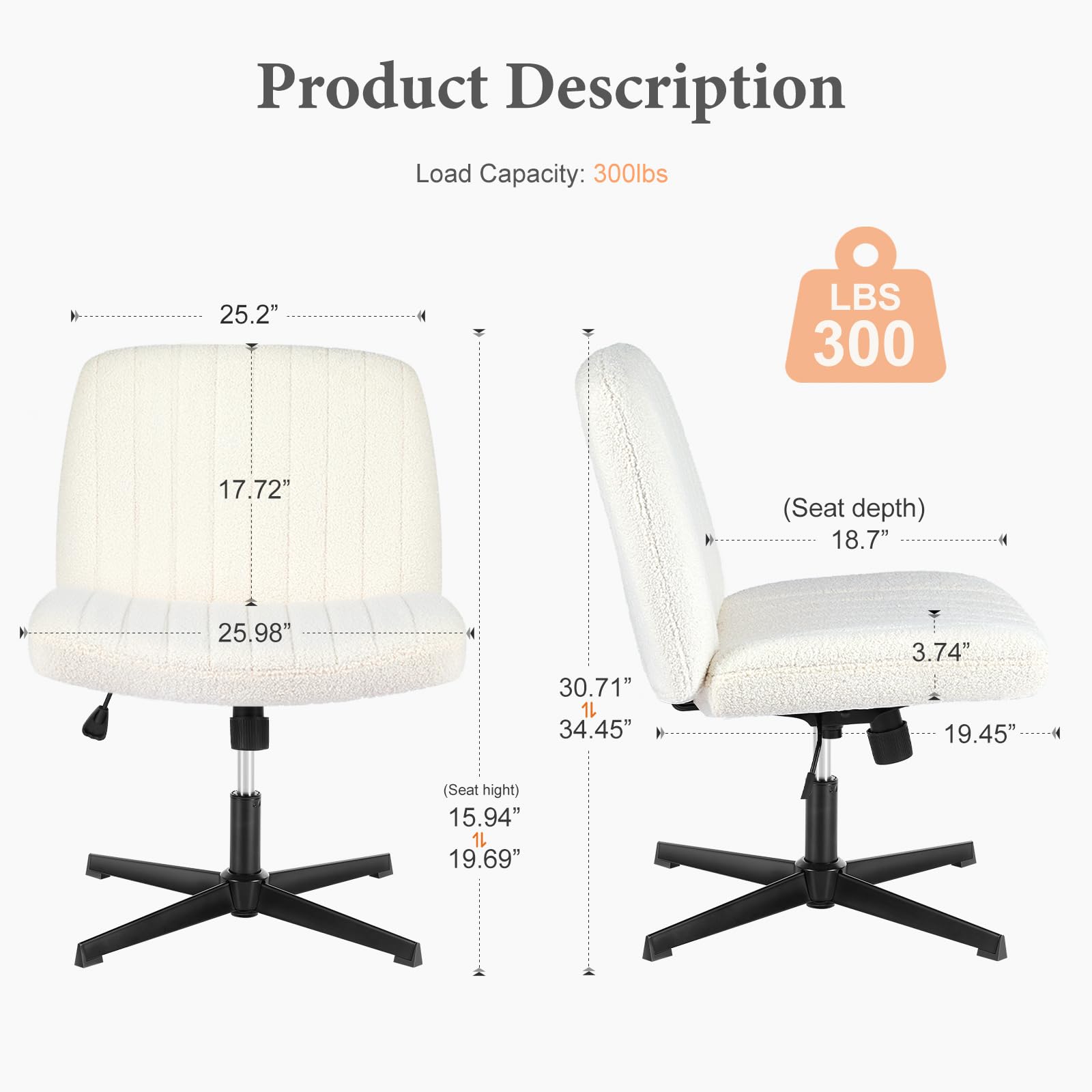 Sweetcrispy Criss Cross Chair Legged Armless Office Desk Chair - No Wheels, Swivel Vanity Chair with Height Adjustable Wide Seat - Modern Fabric Computer Task Chair for Home Office, Dressing Room & Workspace (White)