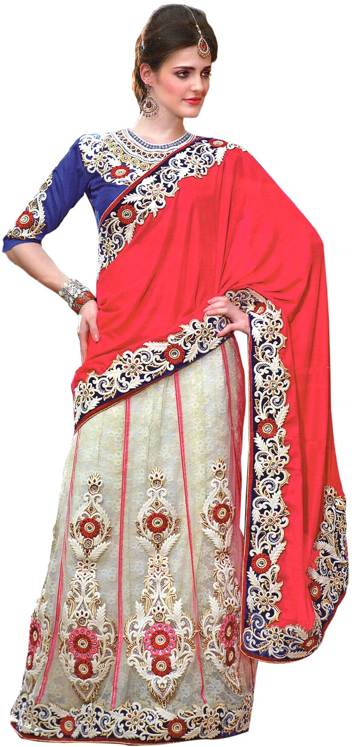 Elegant Tomato Red and Cream Bridal Lehenga Sari with Hand-Embroidered Floral Patches | Perfect for Indian Weddings & Special Occasions