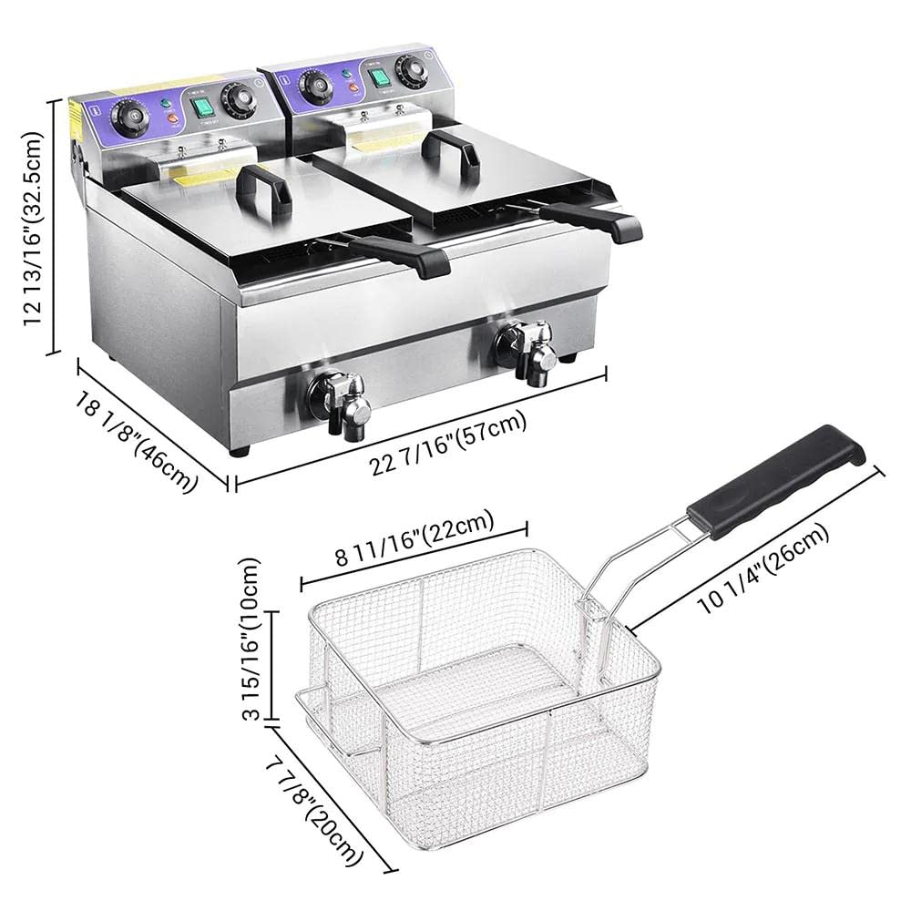 Commercial Grade 20L Dual Tank Stainless Steel Electric Deep Fryer with Drain Timer & Baskets - Perfect for Restaurants, Food Trucks and Large Family Gatherings