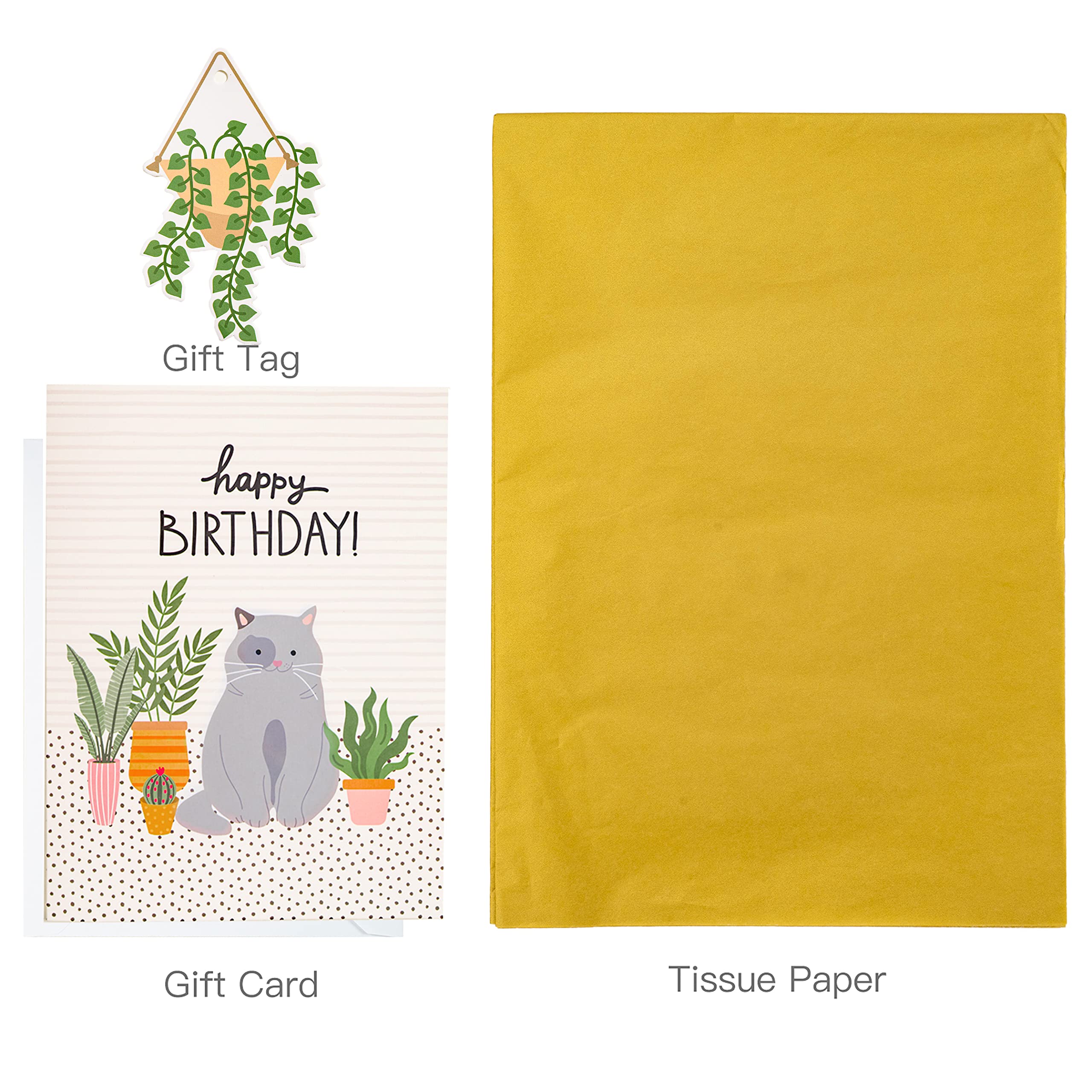 MAYPLUSS 13 Inch Large Gift Bags with Greeting Card & Tissue Paper - Birthday Party Favor Bags with Cute Cat & Green Plant Designs - Perfect for Birthday Gifts, Baby Showers & Special Occasions