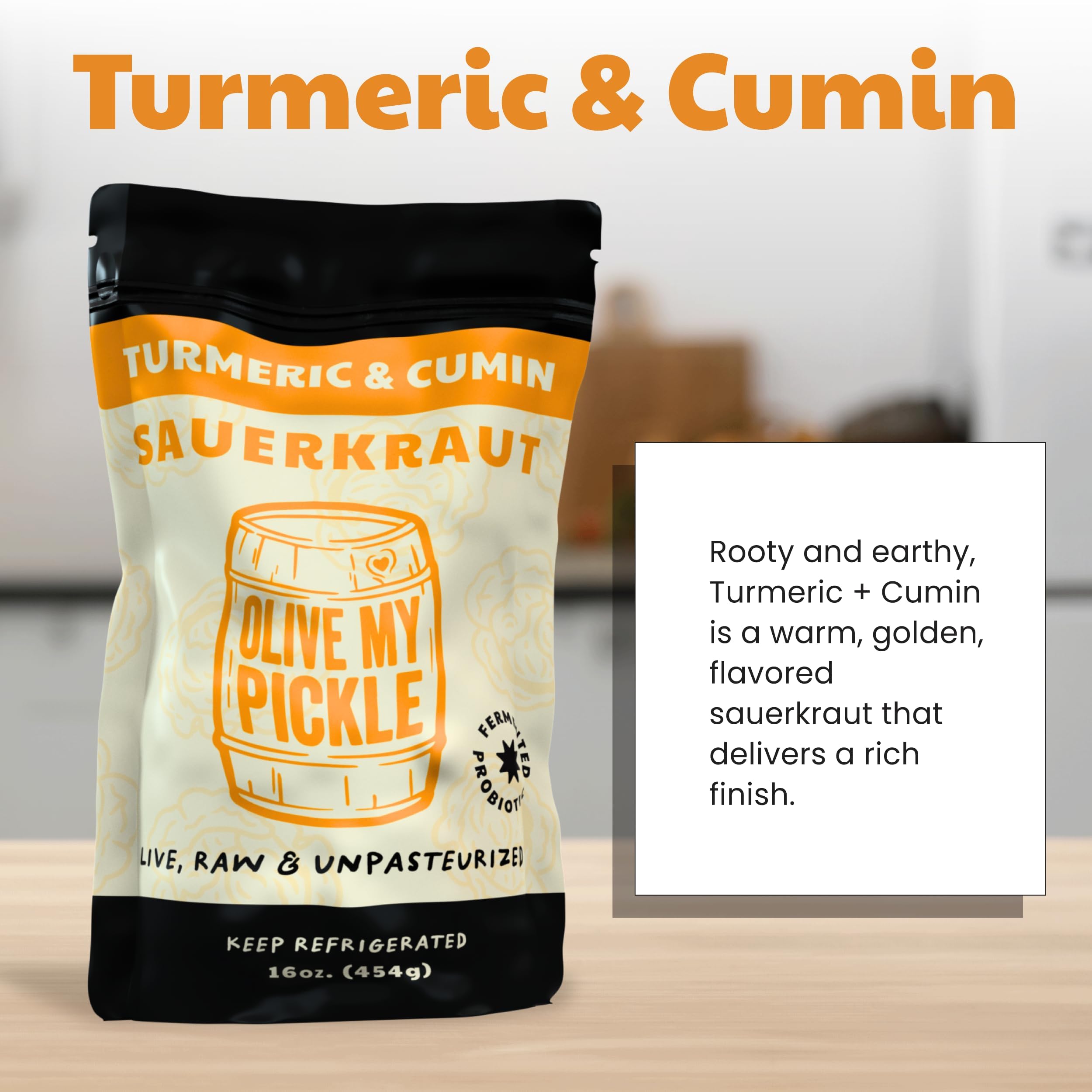 Olive My Pickle Fermented Sauerkraut - 2-Pack (32oz) | Probiotic Turmeric & Cumin for Gut Health - Perfect for Sandwiches & Salads