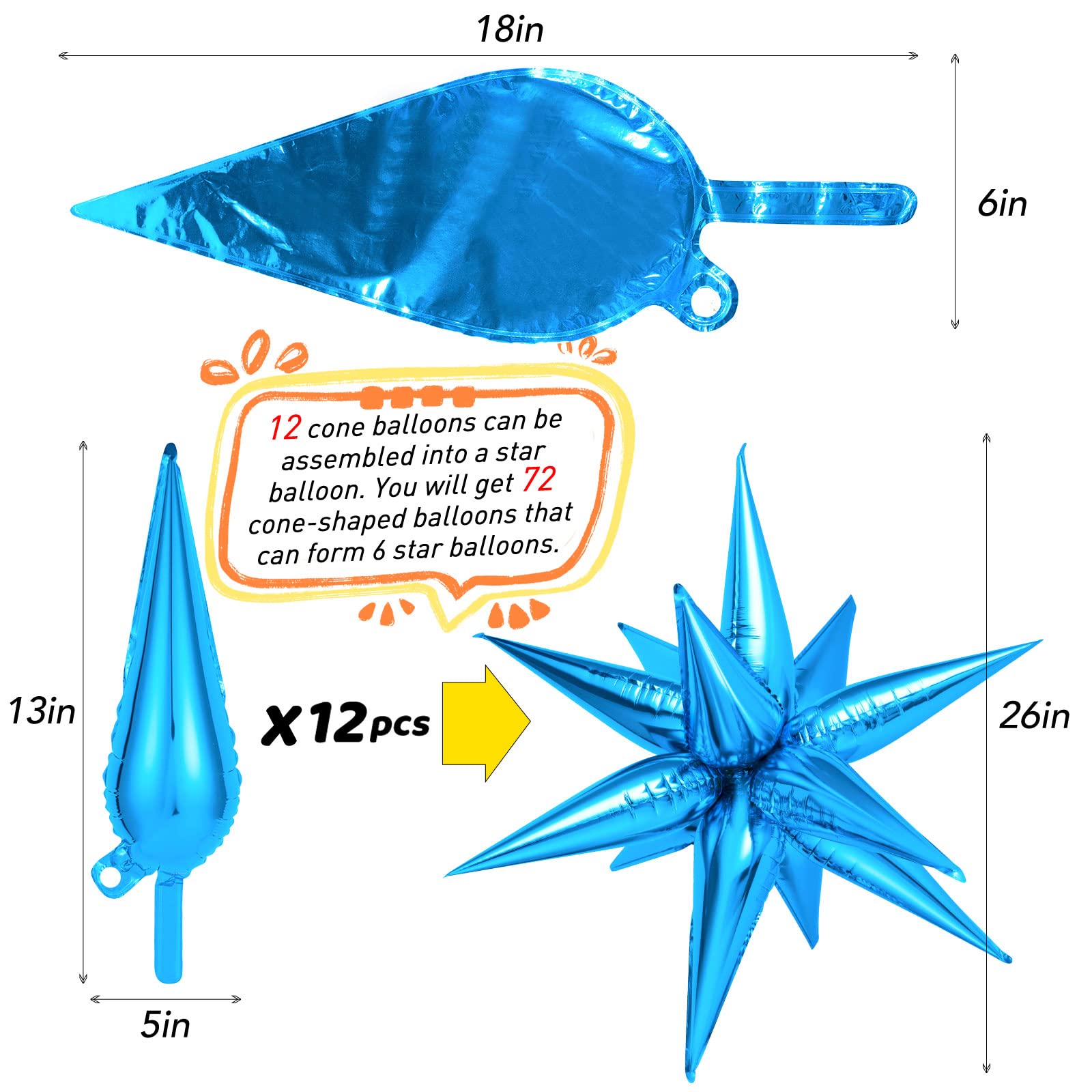 72-Piece Blue Star Balloons - 26 Inch Blue Foil Cone Balloons for Birthday & Baby Shower Decorations | Explosion Starburst Mylar Balloons with 12-Point Star Design - Perfect for Party Backdrops, Ceiling Decor, and Photo Booth Props