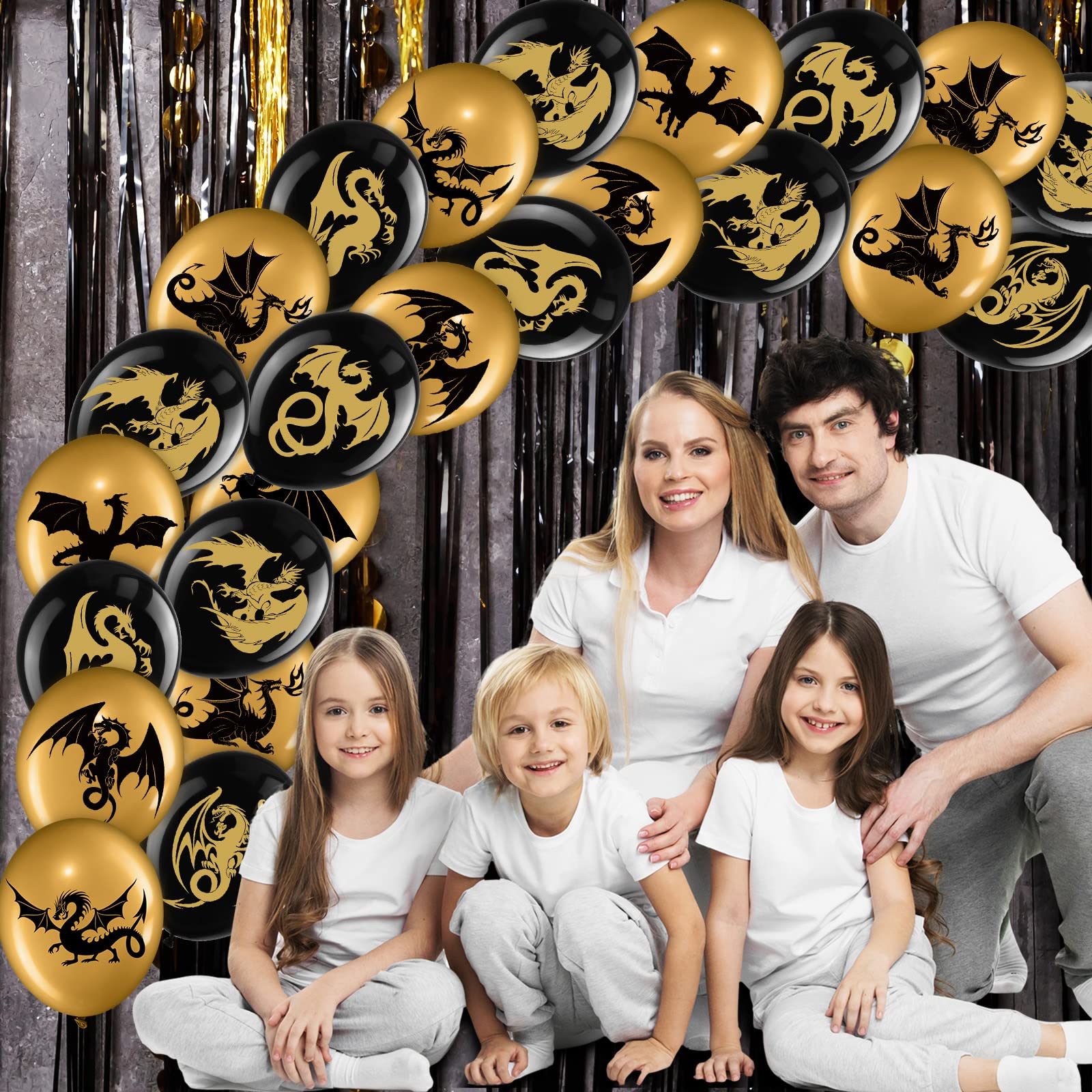 Zomiboo 50-Piece Dragon Theme Party Supplies Set - Black Gold Fantasy Birthday Decorations with 12-Inch Balloons for Medieval, D&D, and Fantasy Themed Parties