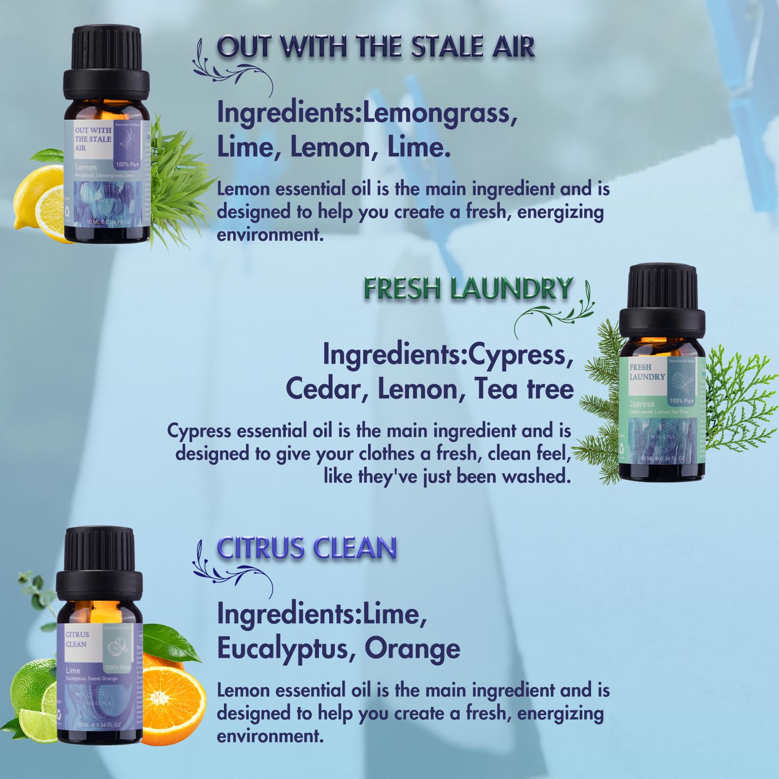 100% Pure Essential Oils for Laundry, Diffusers & Aromatherapy - 6x10ml Set (Clean Scent) - Perfect for Soap Making, Candles, Humidifiers & Dryer Balls - Refresh Your Home, Clothes & DIY Projects