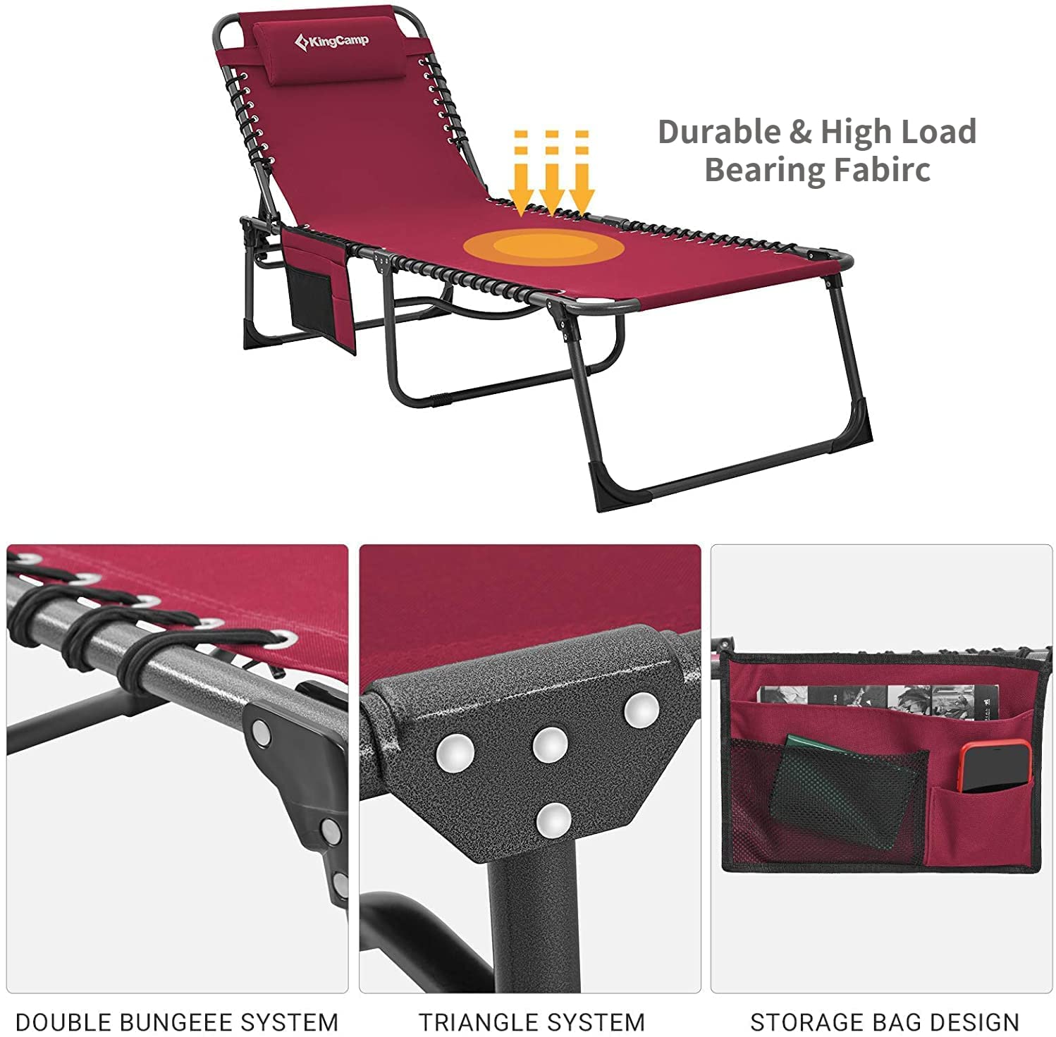 KingCamp Folding Chaise Lounge Chair - Heavy Duty Adjustable Outdoor Sun Chair for Camping, Beach, Pool & Patio - Lightweight Portable with Pillow - Perfect for Relaxing in Garden, Lawn or Backyard