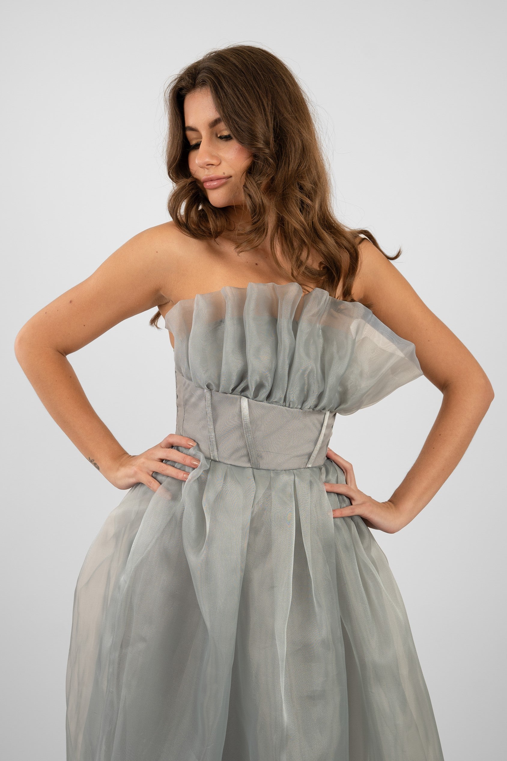 Elegant Grey Organza Midi Dress for Women | Noah Formal & Party Dress | Perfect for Weddings, Cocktail Parties & Special Occasions