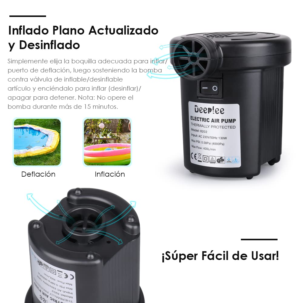 Deeplee 130W High Power Electric Air Pump, 2-in-1 Inflator & Deflator for Inflatable Mattresses, Pools, Boats, Toys - Includes 3 Nozzles - Perfect for Camping, Travel, and Home Use