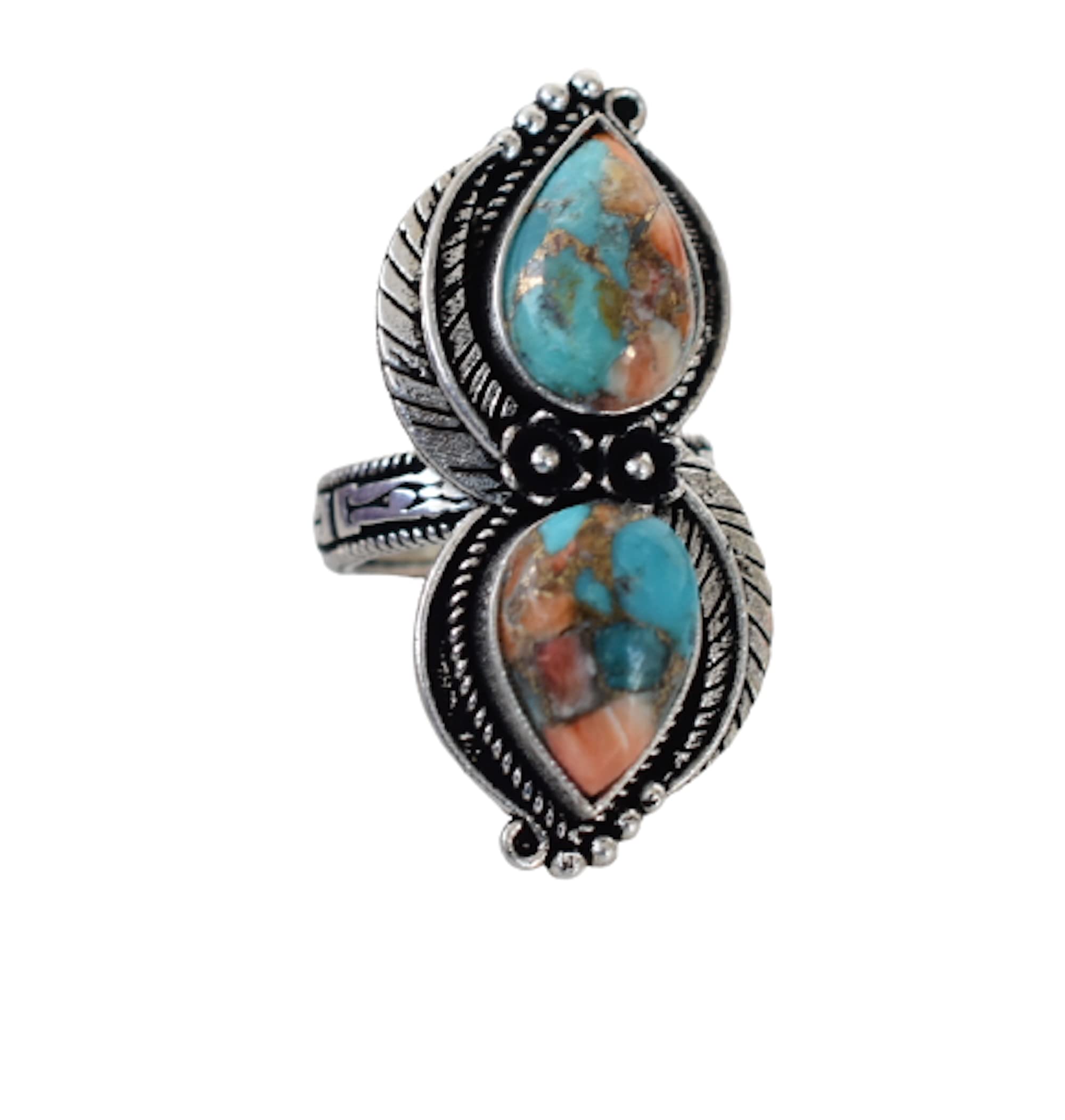 Vintage Handmade 925 Sterling Silver Oyster Copper Turquoise Ring - Boho Hippie Jewelry - Spiny Turquoise Birthstone Ring - Perfect Birthday Gift for Women - TQ-10 | Great for Festivals, Boho Fashion & Everyday Wear