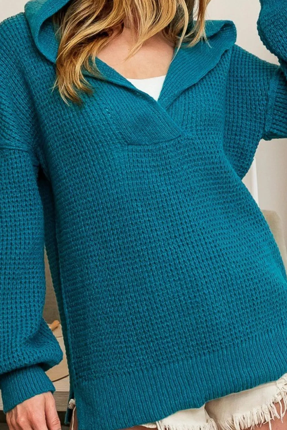 BiBi Raw Edge Detail V Neck Sweater Hoodie for Women - Cozy Pullover Knit Top for Fall & Winter | Perfect for Casual Outfits, Layering and Outdoor Activities