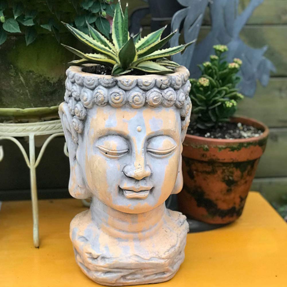 LIUSHI Buddha Head Planter - Handcrafted Tibetan Flower Pot with Sakyamuni & Amitabha Buddha Statue - Yellow Ceramic Decor for Home, Garden & Meditation Spaces