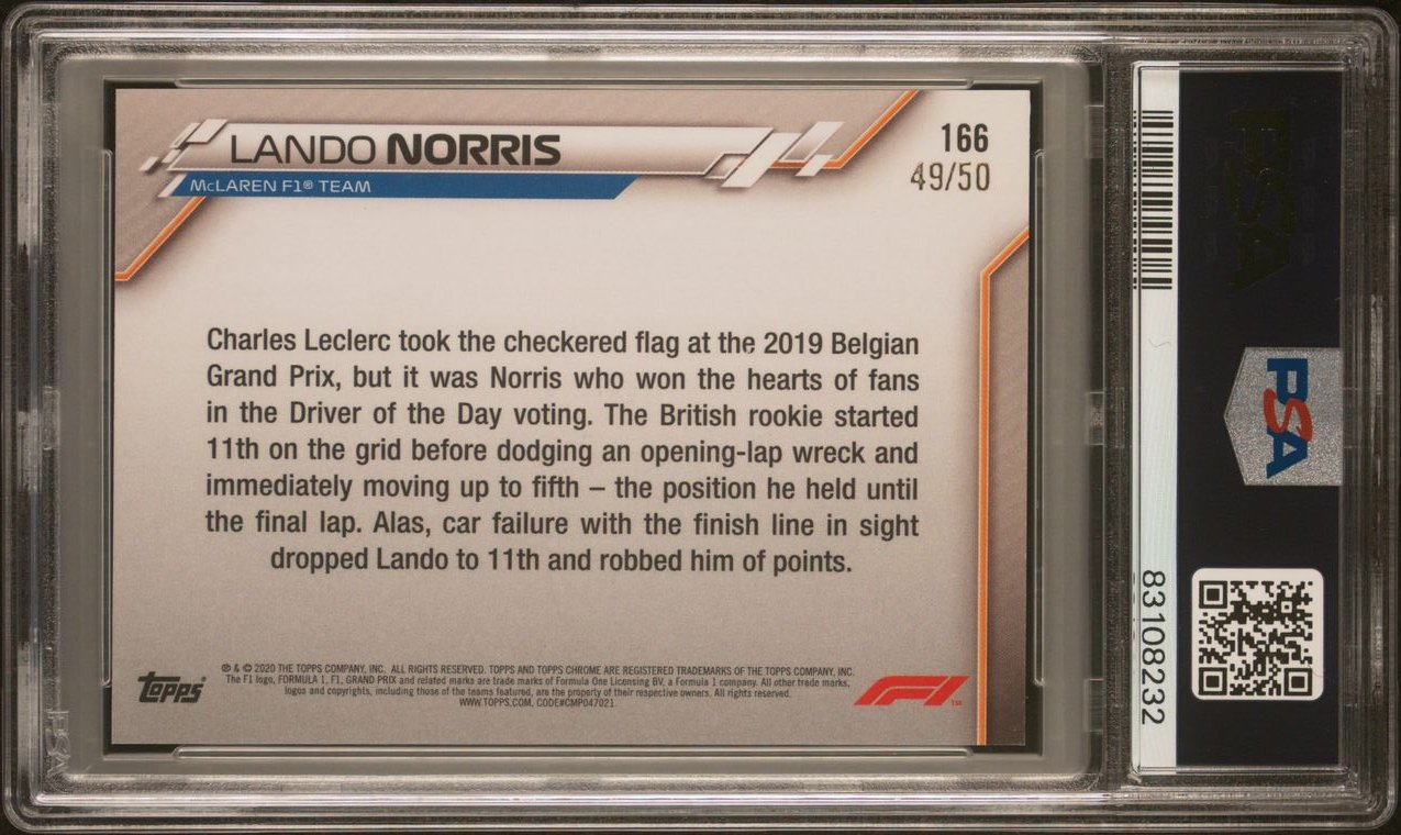 2020 Topps Chrome F1 Lando Norris #166 Gold Rookie Card PSA 10 /50 - Rare Collectible for F1 Fans & Sports Memorabilia Enthusiasts