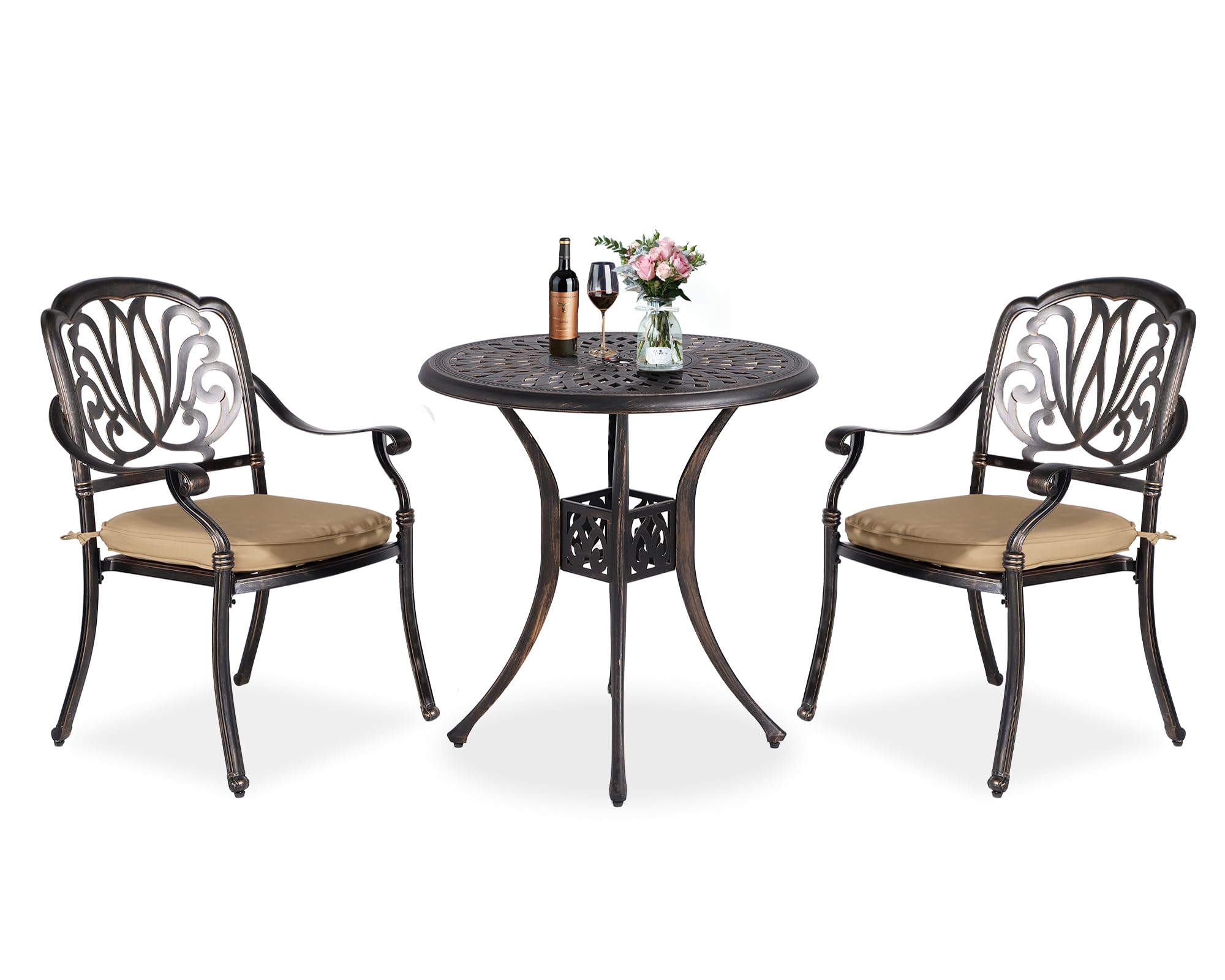 TITIMO 3-Piece Cast Aluminum Patio Dining Set - Outdoor Bistro Table & Chairs with Cushions, All-Weather Garden Furniture with Umbrella Hole for Backyard, Deck, Poolside (Khaki) - Perfect for Outdoor Entertaining & Relaxation
