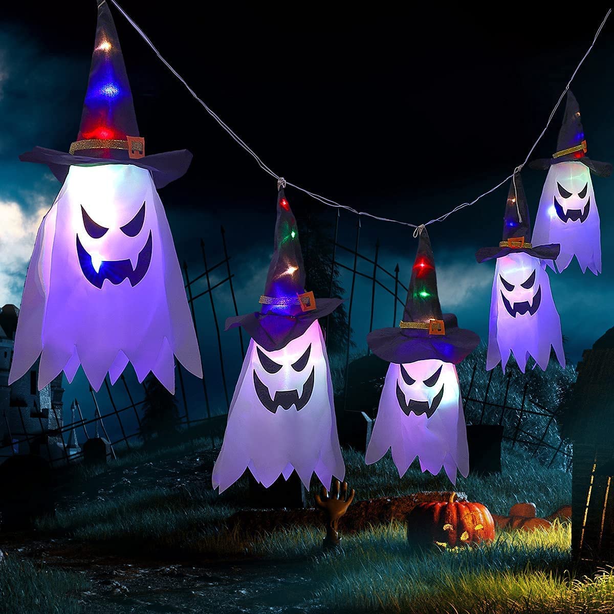 5PCS Halloween String Lights - Glowing Ghost & Witch Hats Decor for Indoor/Outdoor, Party, Yard, Tree, Porch, Garden | Waterproof LED Hanging Ornaments for Spooky Atmosphere & Festive Lighting