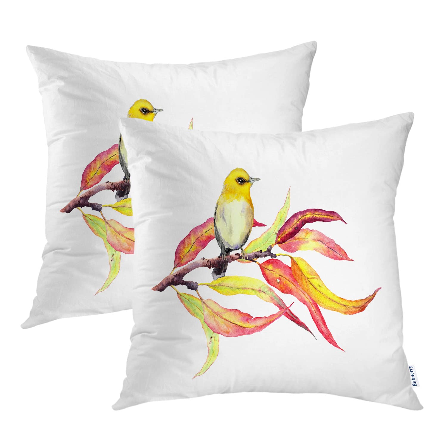 Batmerry Yellow Cute Bird Pillow Covers 18x18 Inch Set of 2 - Watercolor Red & Yellow Leaves Spring Branch Design Double Sided Square Throw Pillow Covers for Sofa, Bed, Living Room Decor