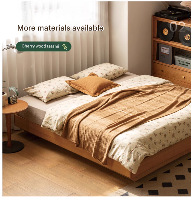 Solid Oak & Black Walnut Wood Floating Platform Bed with LED Lighting - Modern Bedroom Furniture for Contemporary Home Decor