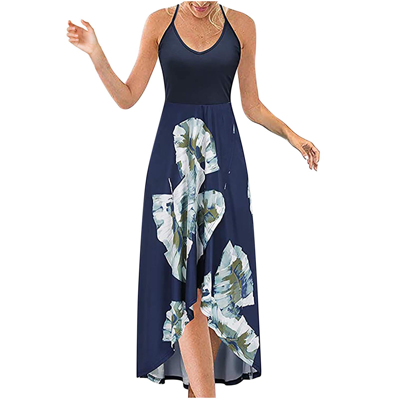 Women's Floral Asymmetrical Sleeveless Maxi Dress - Casual Summer V-Neck Dress for Beach, Vacation & Outdoor Parties