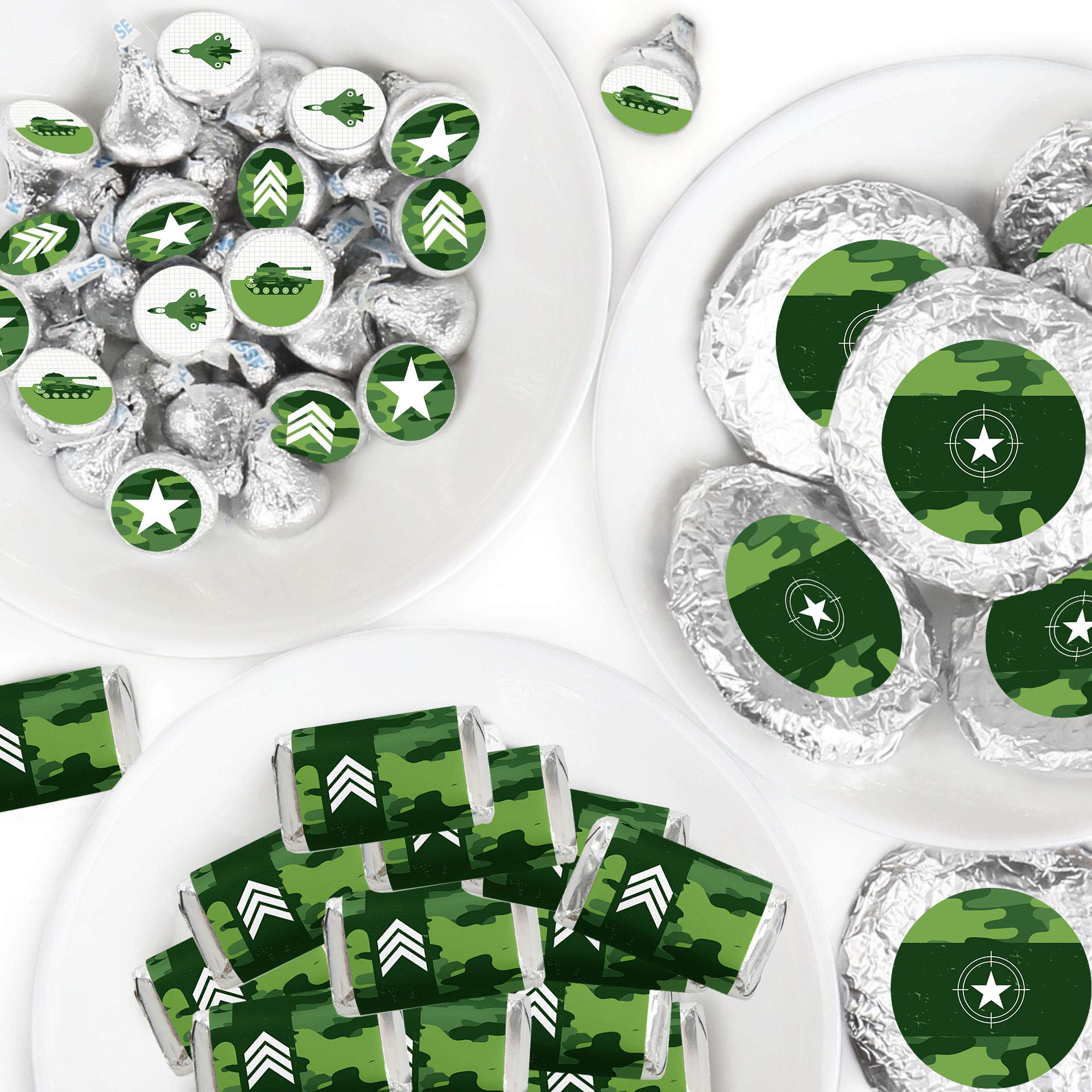 Big Dot of Happiness Camo Hero - 304-Piece Army Military Camouflage Party Candy Favor Sticker Kit with Mini Candy Bar Wrappers & Round Circle Stickers - Perfect for Military Themed Parties, Baby Showers & Patriotic Events