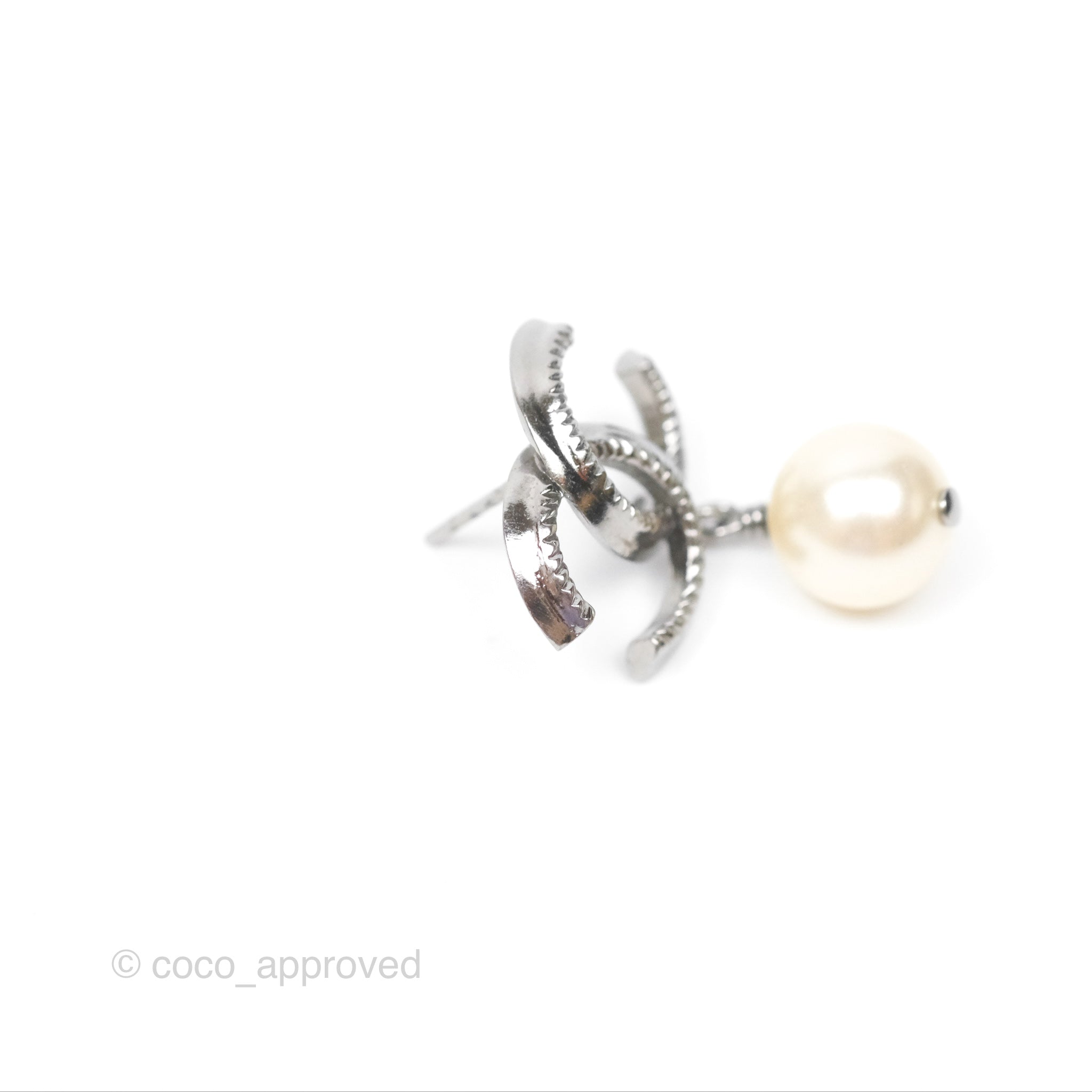 Chanel CC Pearl Drop Earrings in Gun Metal - Elegant Luxury Jewelry for Women | Perfect for Parties, Weddings & Special Occasions