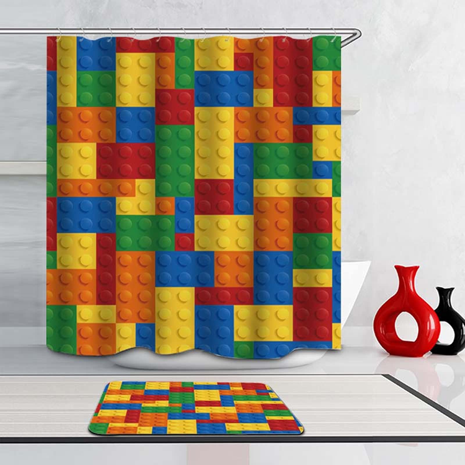 2 Pcs Waterproof Lego Shower Curtain Set with Non-Slip Bath Mat & 12 Hooks - Fun Kids Bathroom Decor for Playful Showers & Themed Bathrooms