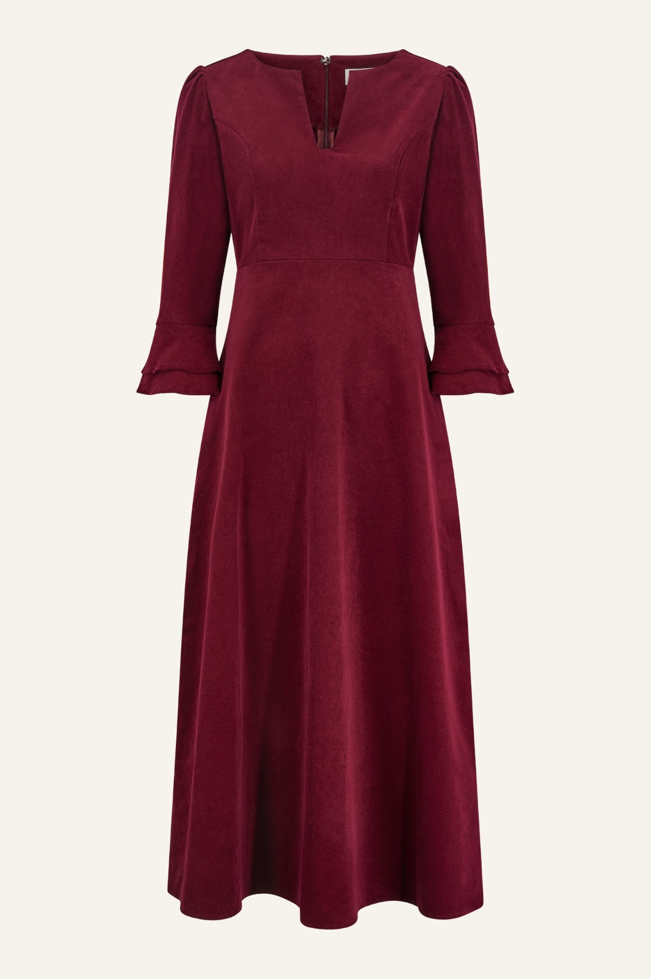 Stylish Jocelyn V-Neck 3/4 Sleeve Stretch Corduroy Dress in Wine Red | Women's Fall Winter Fashion Dress for Office, Party & Casual Wear