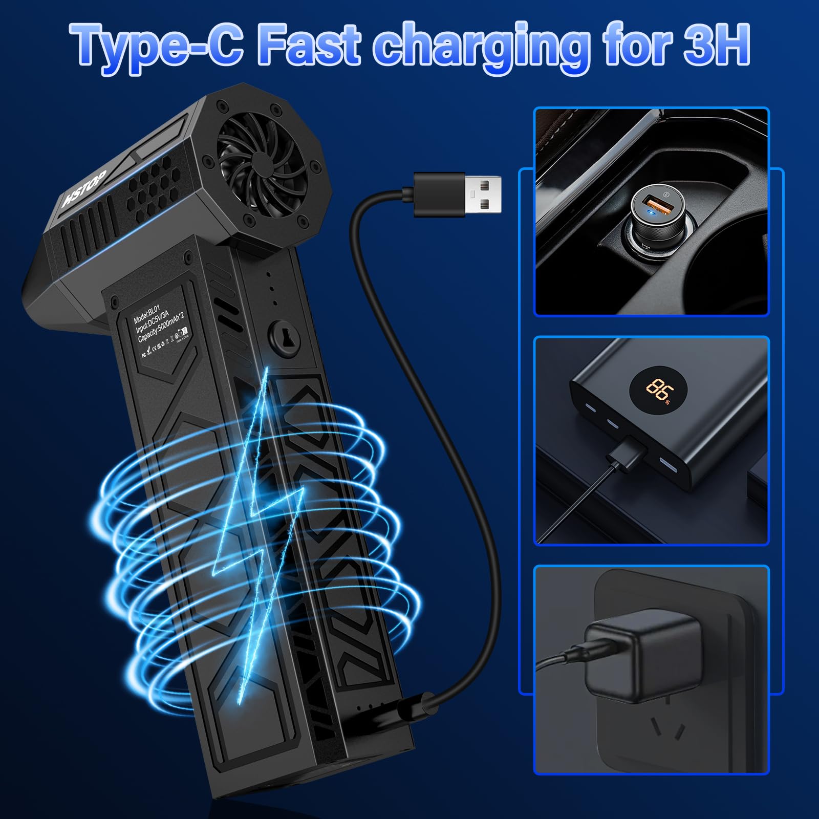 HSTOP 180,000 RPM Electric Air Duster with Flashlight - 10,000mAh Rechargeable Compressed Air Blower, 4-Speed Turbo Fan for Dusting Electronics, Keyboards, Cars & Home Cleaning - Multipurpose Jet Air Blower with Assist Lighting for PC, Laptop & Workshop Use