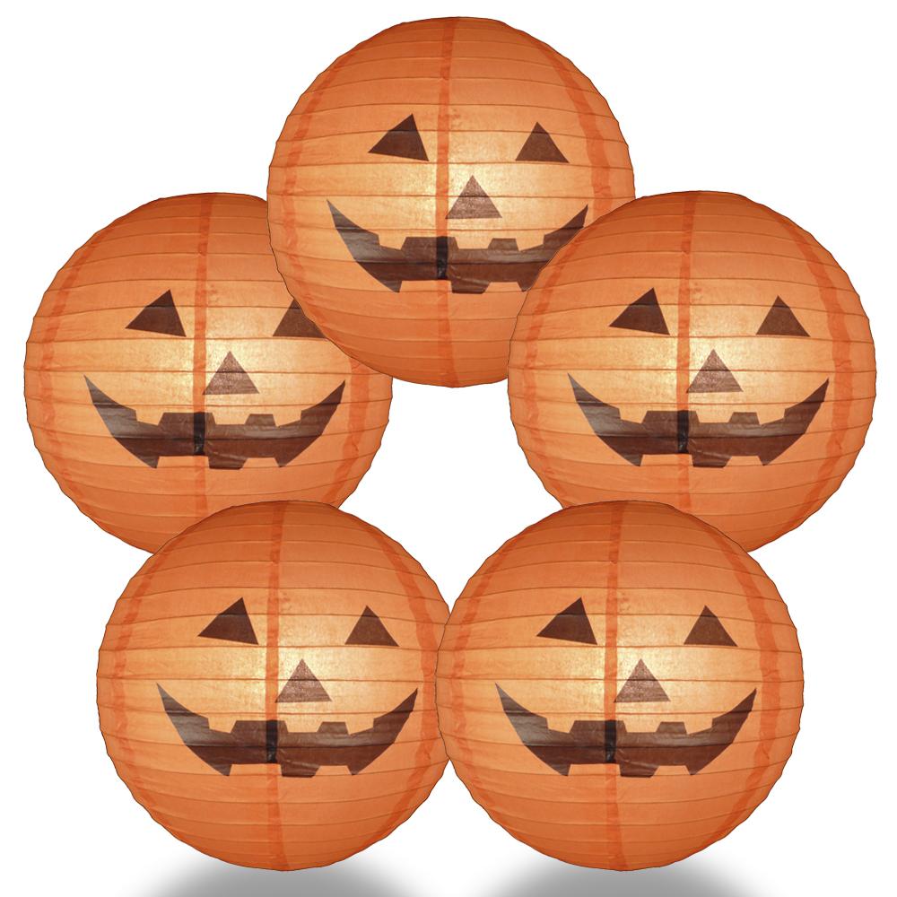 5 Pack Happy Jack O'Lantern Halloween Paper Lanterns - 16 Inch Orange Pumpkin Decorations for Party, Home, Yard & Outdoor Halloween Decor