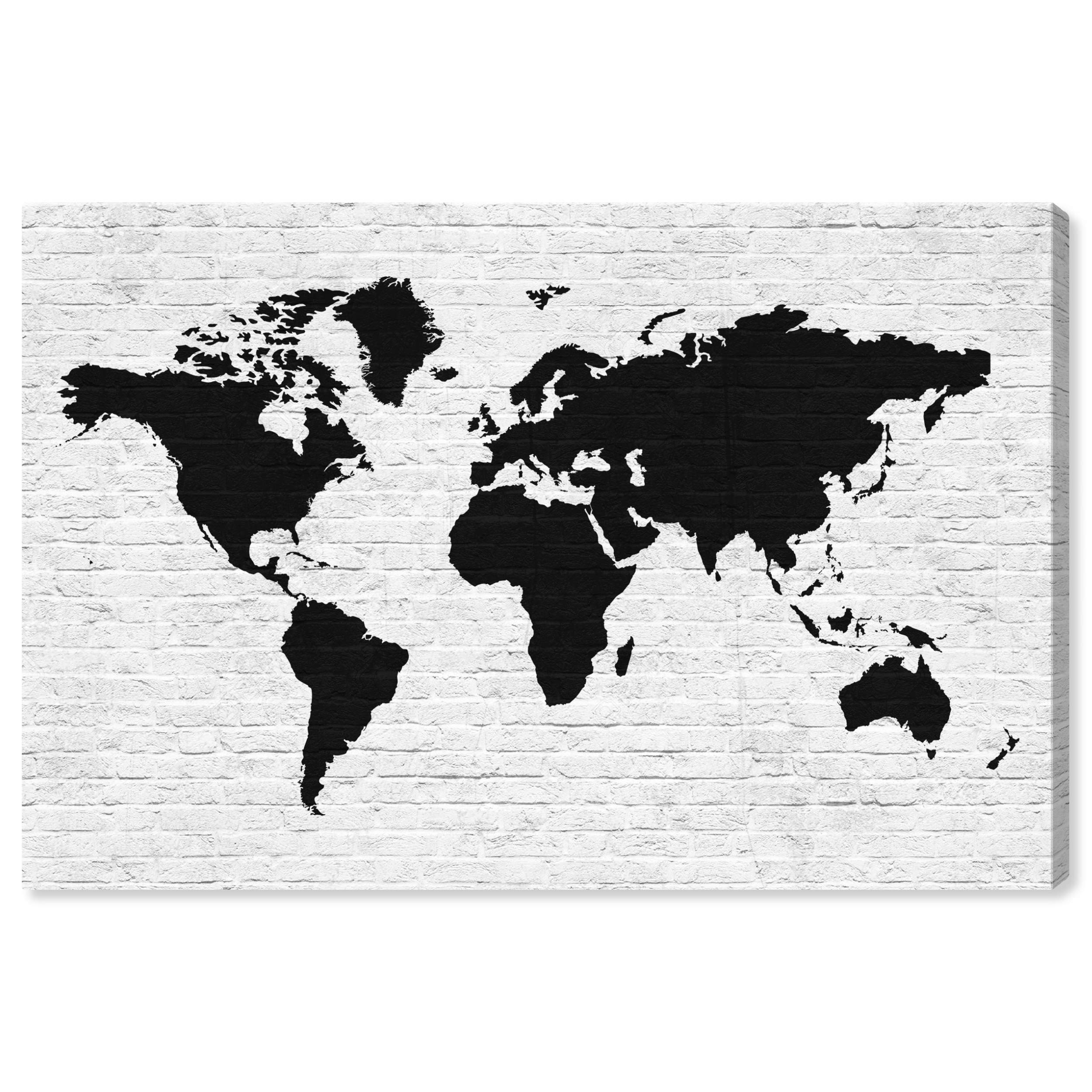 Oliver Gal Artist Co. World Map Wall Art Canvas Print - Clean Brick Mapamundi Home Decor - 15x10 Inches Black & White Framed Art - Perfect for Living Room, Office or Gift