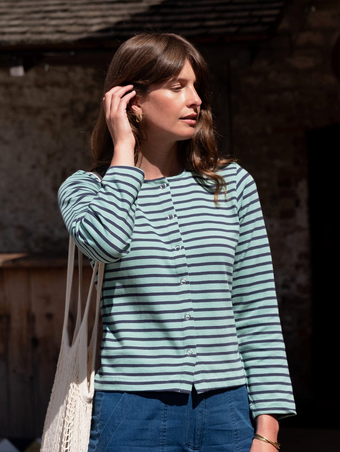Women's Cotton Jersey Cardigan - Soft Long Sleeve Open Front Sweater in Duck Egg & Indigo Stripes | Perfect for Office Wear, Casual Outfits and Layering in Fall & Winter