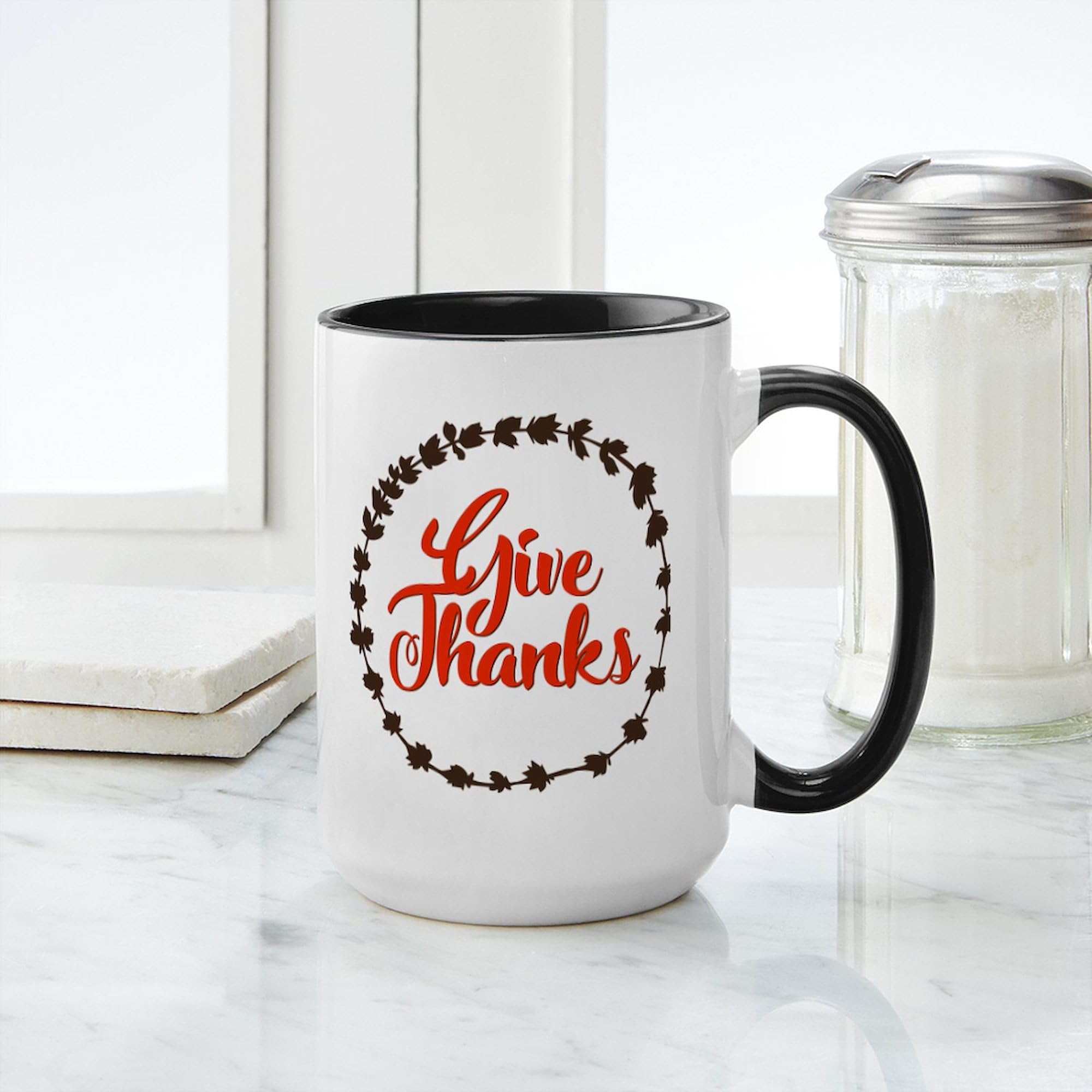 Give Thanks 15 oz (444 ml) Ceramic Coffee Mug - Perfect for Thanksgiving, Christmas Gifts & Daily Morning Coffee