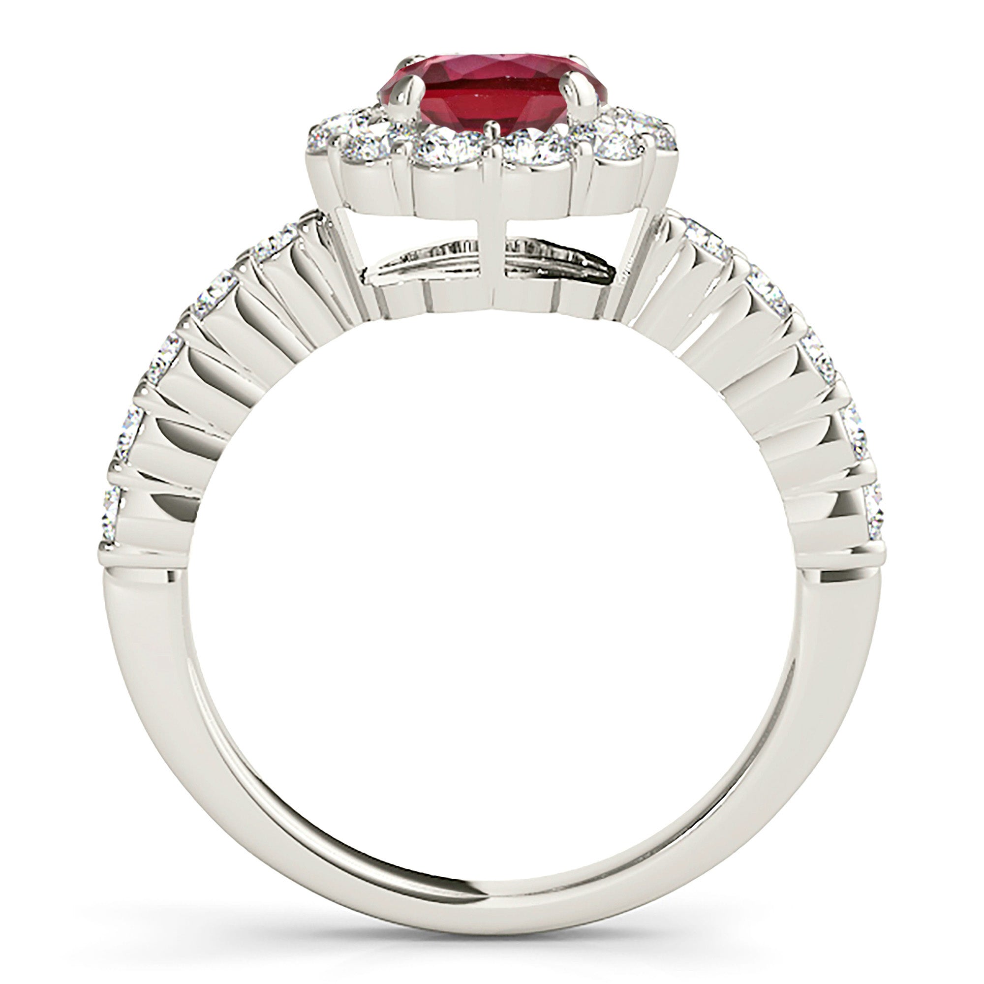 1.35 Carat Genuine Ruby Ring with Floral Halo & Scalloped Diamond Band - Elegant Engagement, Anniversary & Wedding Jewelry Gift for Women
