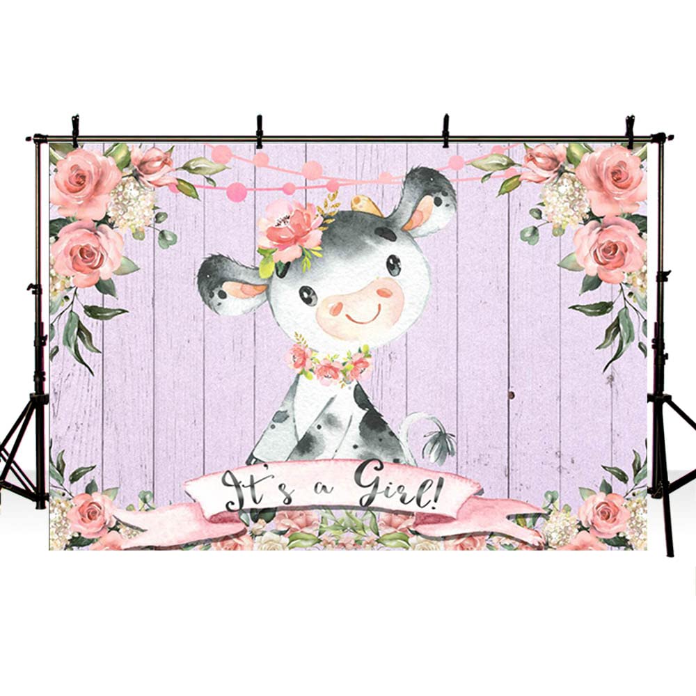 10x7ft Pink Floral Holy Cow Baby Shower Backdrop - Rustic Wood Photography Background for It's a Girl Party Decorations | Perfect for Baby Shower Photo Booth, Gender Reveal Events & Newborn Photography