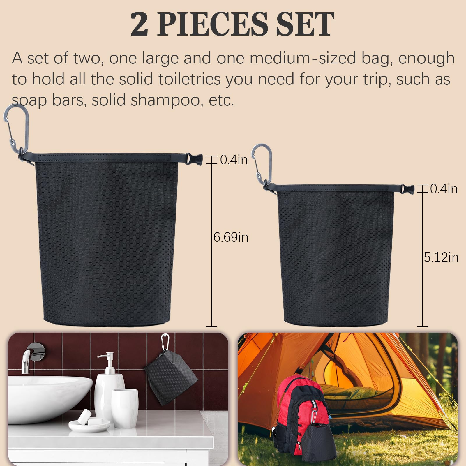 2 Pack Travel Soap Bag - Waterproof & Leakproof Soap Holder for Large & Standard Bar Soaps - Portable Soap Container Case for Camping, Gym, Hiking & Travel Accessories (Black)