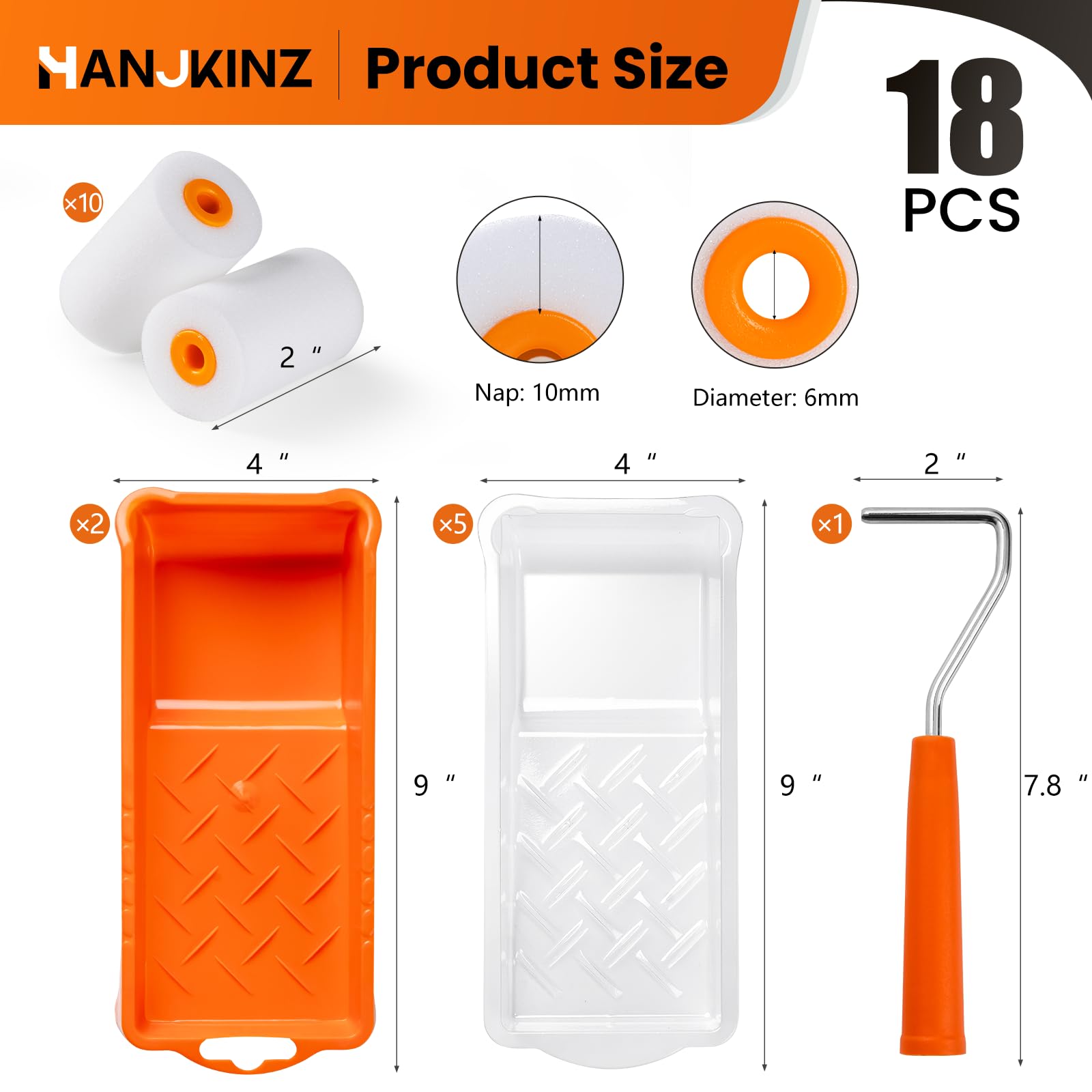 18 Pcs 2 Inch Small Foam Paint Roller Kit - 10 Pack High-Density Foam Rollers, Paint Tray & Liner - Mini Paint Roller for Walls, Doors, Cabinets, Furniture - Perfect for DIY Home Painting Projects & Small Surface Touch-Ups
