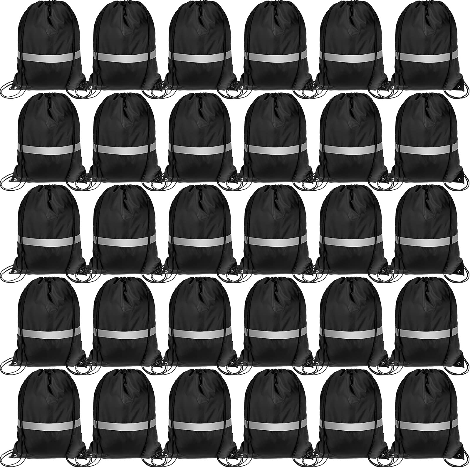 30-Piece Reflective Drawstring Backpack - Lightweight Gym Bags for Sports, Yoga, School & Travel - Water-Resistant Cinch Sack Tote for Running, Hiking & Outdoor Activities (Black)