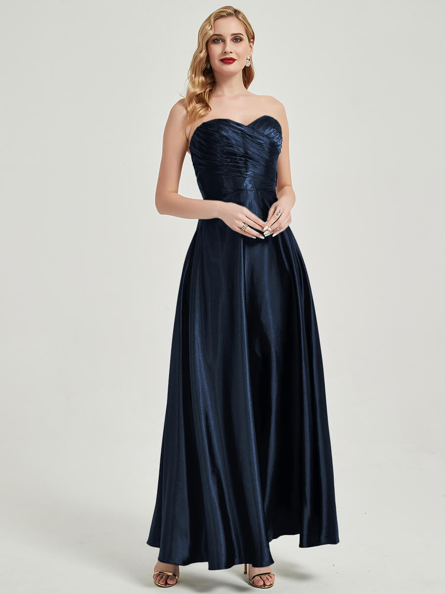 Elegant Dark Navy Satin Sweetheart Strapless Maxi Pleated Bridesmaid Dress for Weddings, Formal Events & Special Occasions