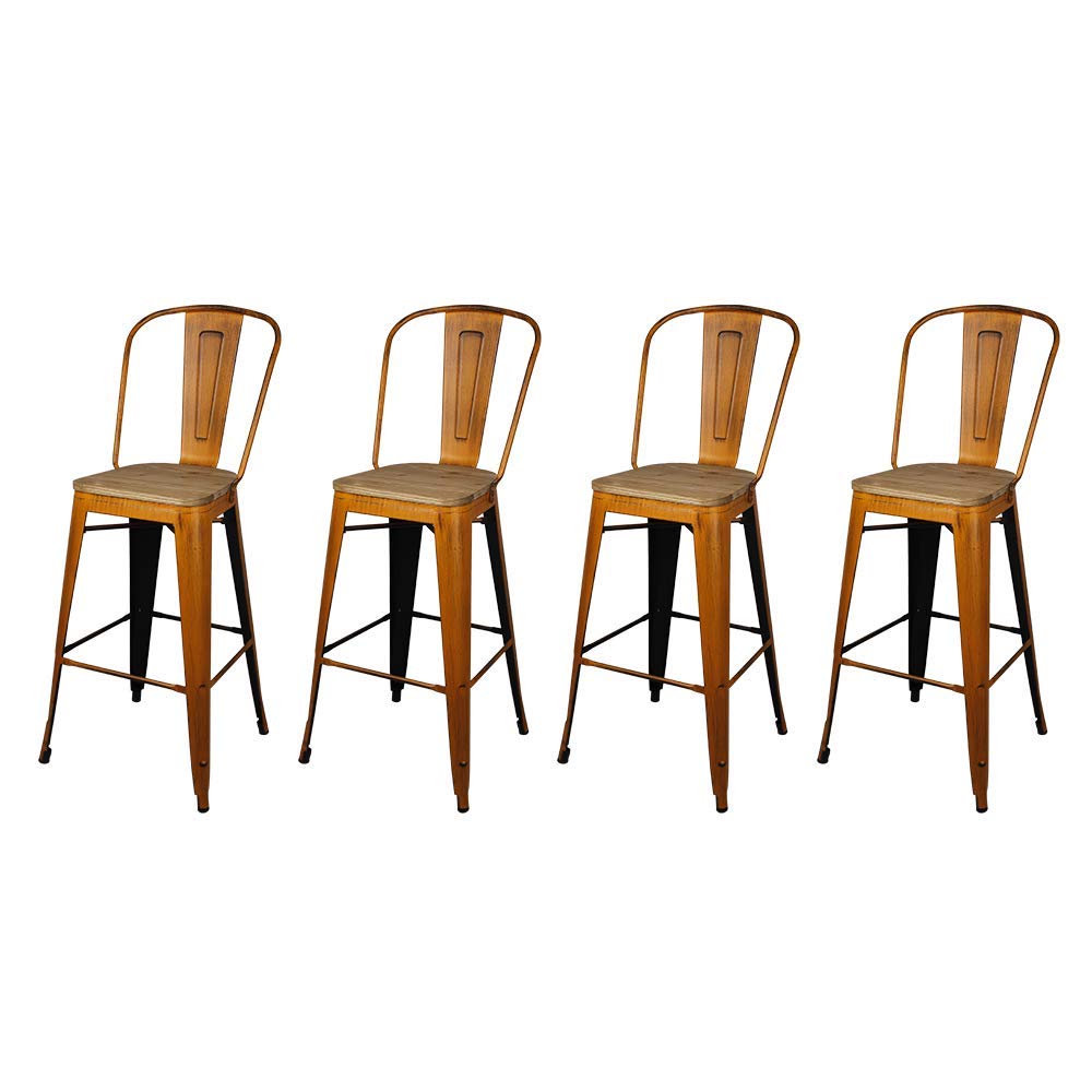 GIA High Back Armless Metal Bar Stools with Light Wood Seat - Set of 4 Antique Orange Counter Height Chairs for Kitchen Island, Breakfast Nook & Home Bar Decor
