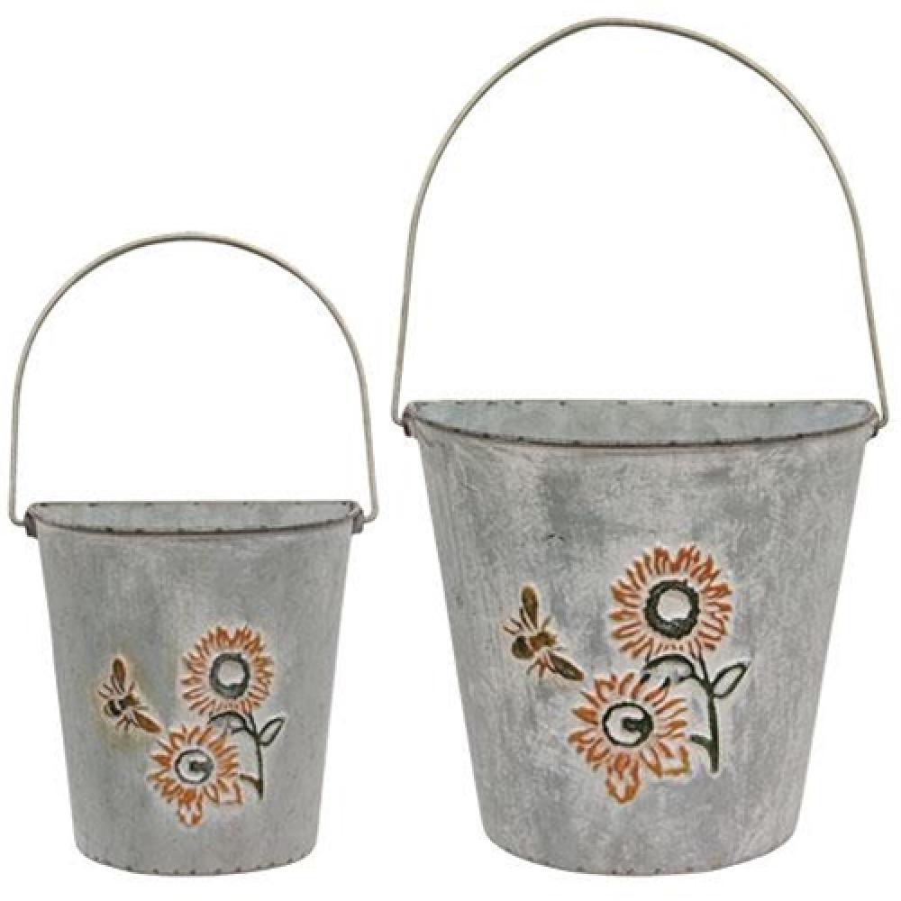 2-Pack Rustic Washed Metal Sunflower & Bee Wall Buckets - Vintage Farmhouse Decor for Kitchen, Bathroom, or Outdoor Garden Hanging Storage