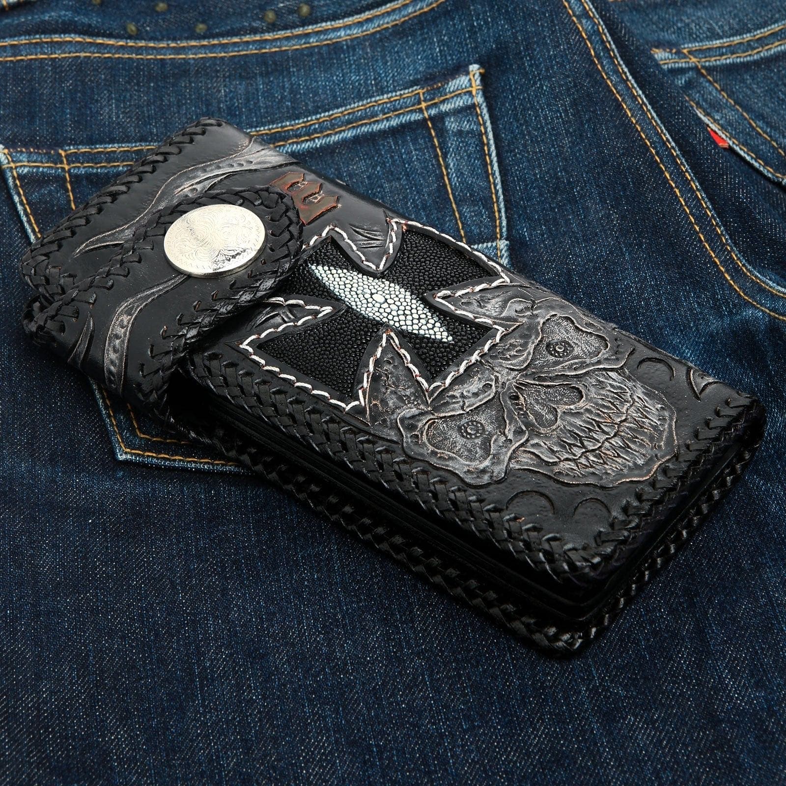 Vintage Skull Genuine Stingray Leather Men's Biker Wallet - Stylish & Durable Motorcycle Wallet for Riders, Perfect Gift for Bikers & Leather Enthusiasts