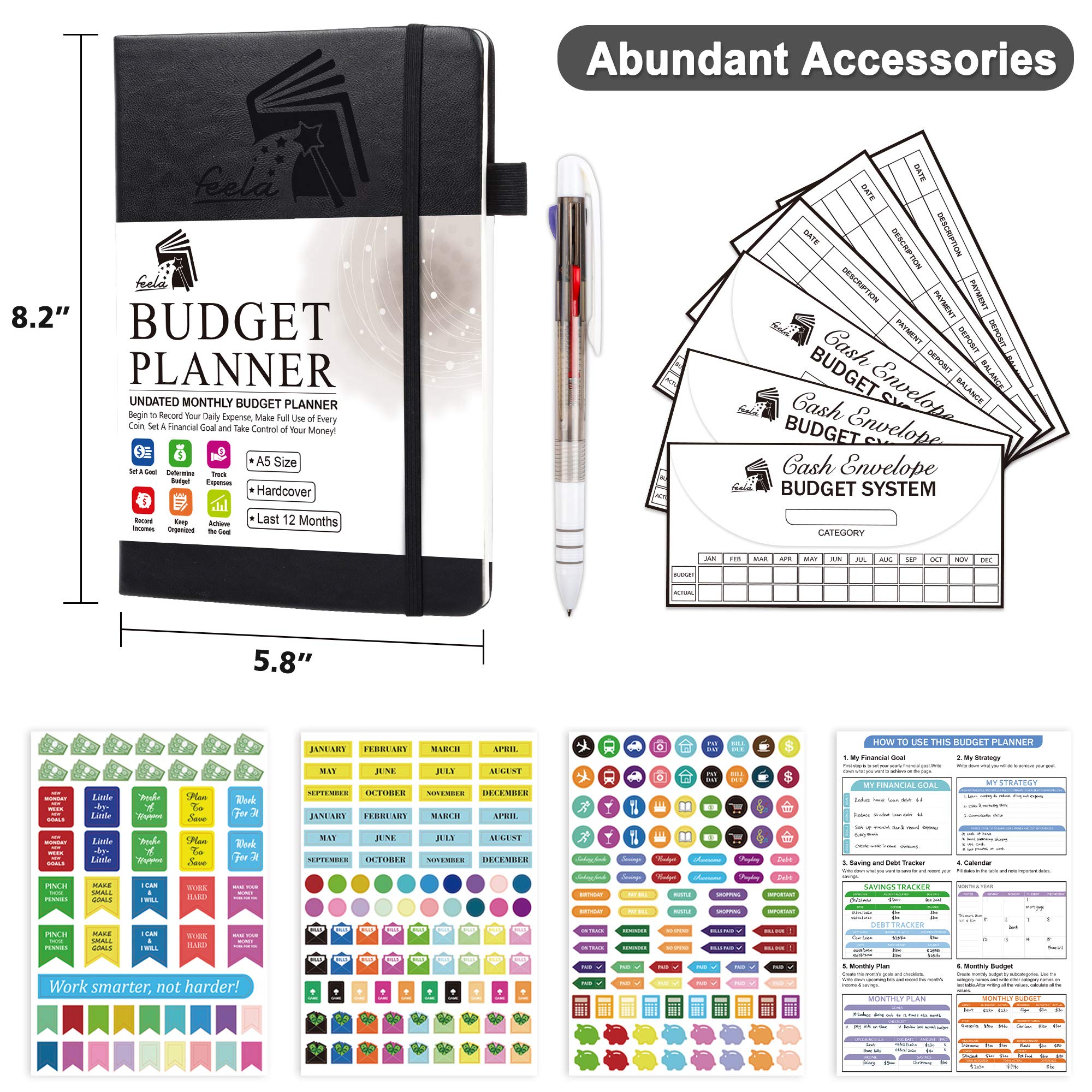 2025 Budget Planner - Undated Monthly Bill Organizer & Financial Journal with Expense Tracker | Includes Budget Envelopes, Stickers, Pen & User Manual | A5 Hardcover Money Management Notebook (Black) | Perfect for Personal Finance, Debt Tracking & Savings Goals