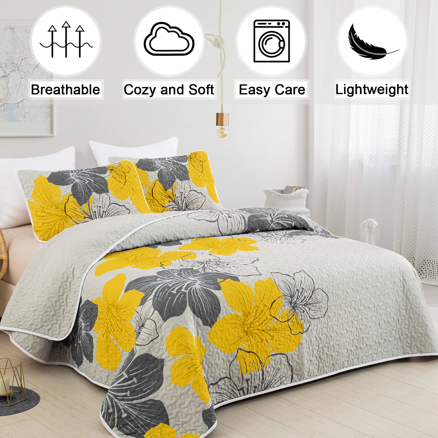 DJY 3-Piece Queen Size Yellow Floral Quilt Set - Elegant Boho Bedspread with 2 Pillow Shams | Soft Lightweight Microfiber Bedding for All Seasons (90